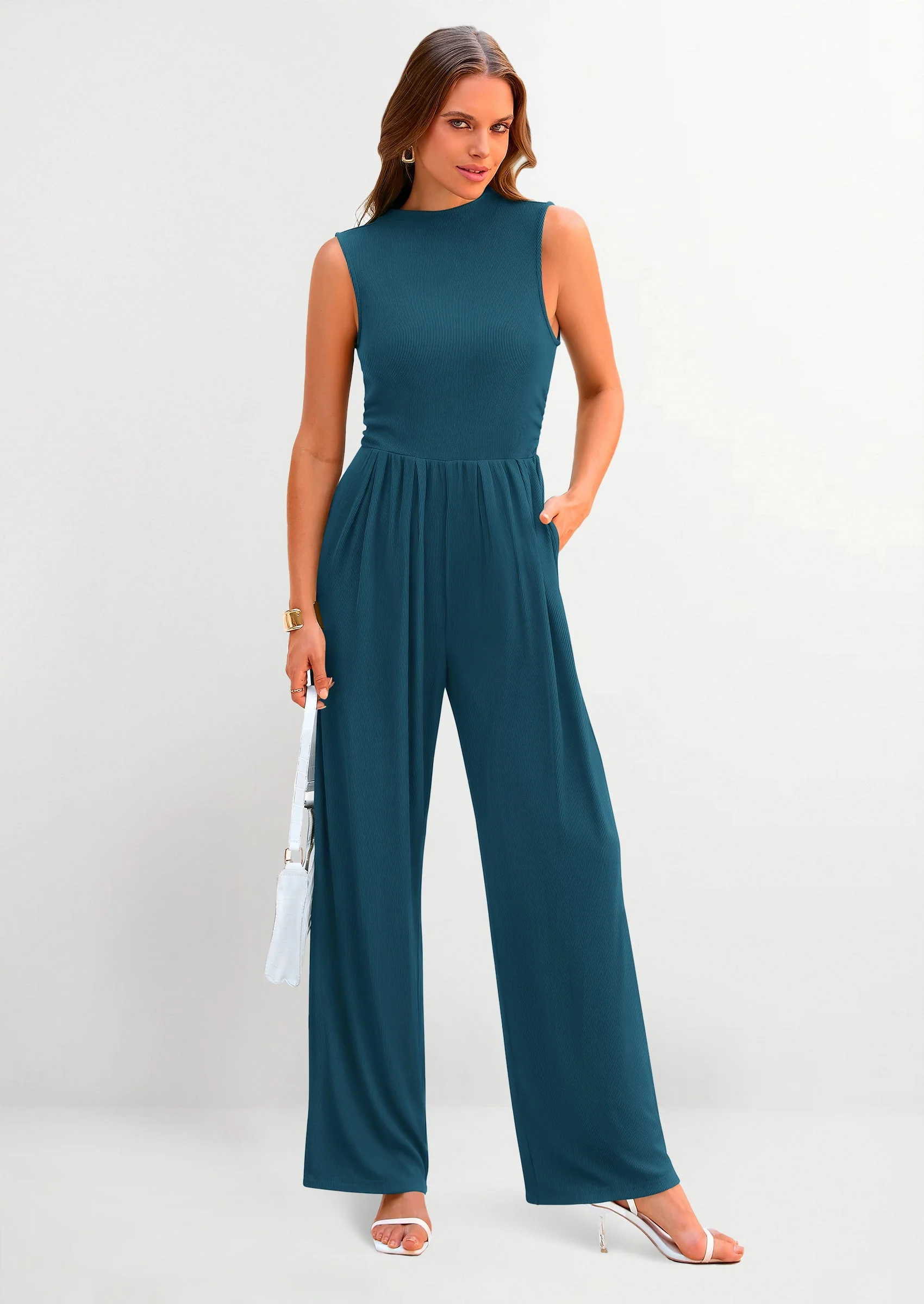 PRETTYGARDEN Womens Summer Jumpsuits Dressy Casual One Piece Outfits Sleeveless Mock Neck Wide Leg Pants Rompers with Pockets - Image 86