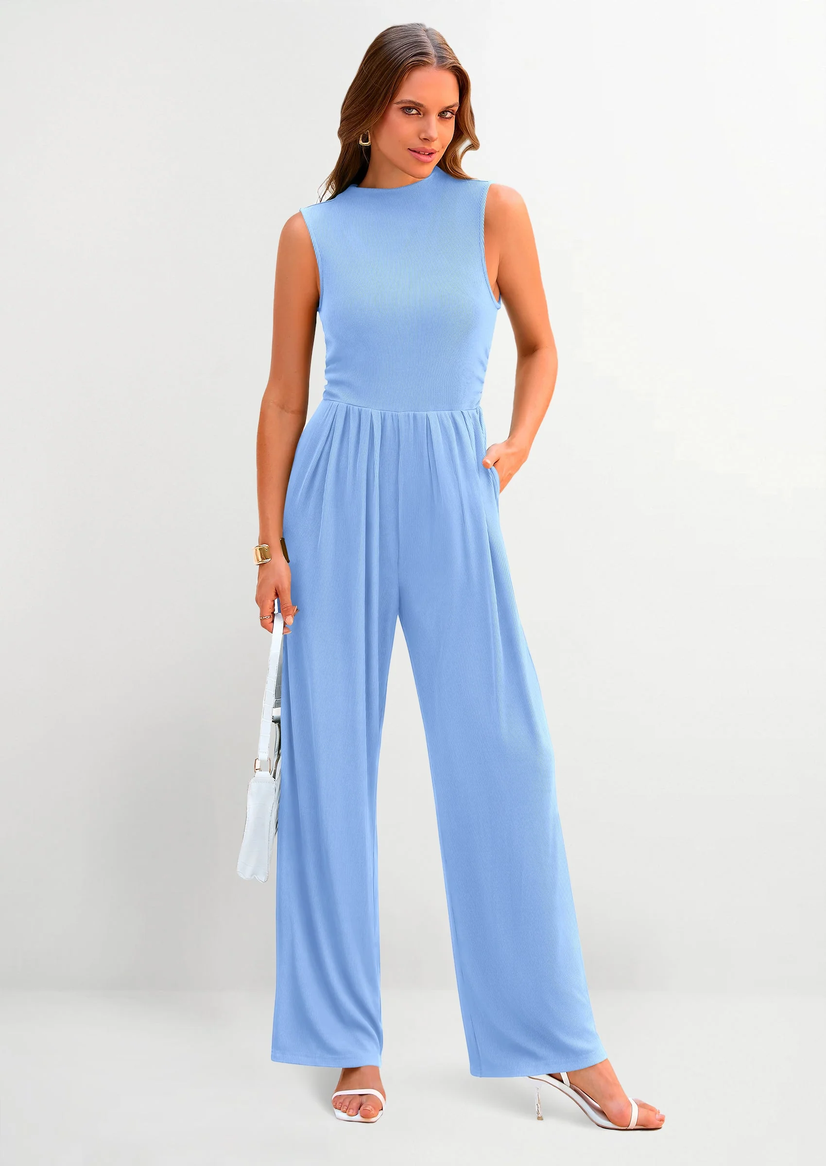 PRETTYGARDEN Womens Summer Jumpsuits Dressy Casual One Piece Outfits Sleeveless Mock Neck Wide Leg Pants Rompers with Pockets - Image 93