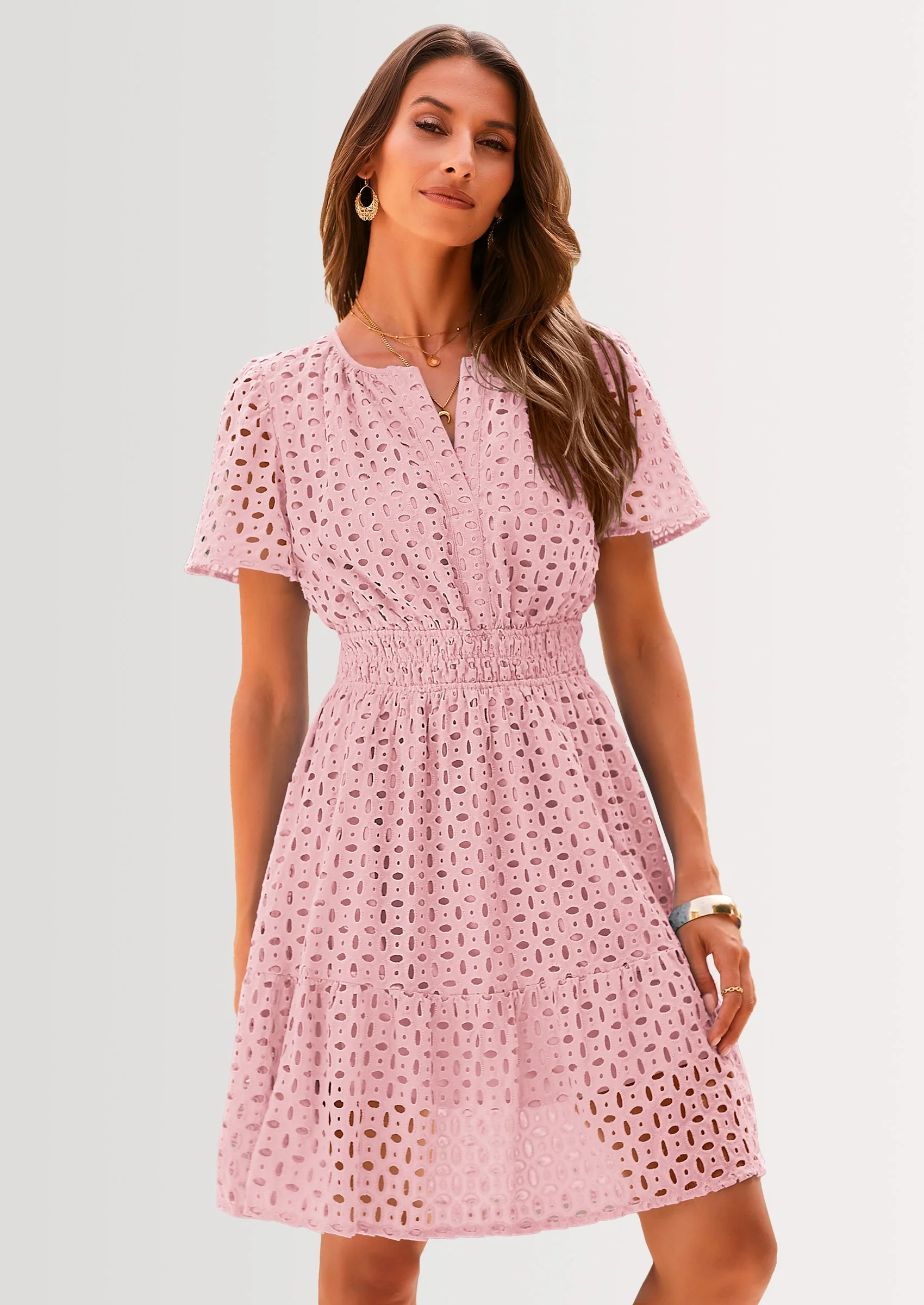 PRETTYGARDEN Women Summer Short Dress V Neck Short Sleeve A Line Hollow Out Lace Ruffle Cute Casual Beach Party Dresses - Image 13