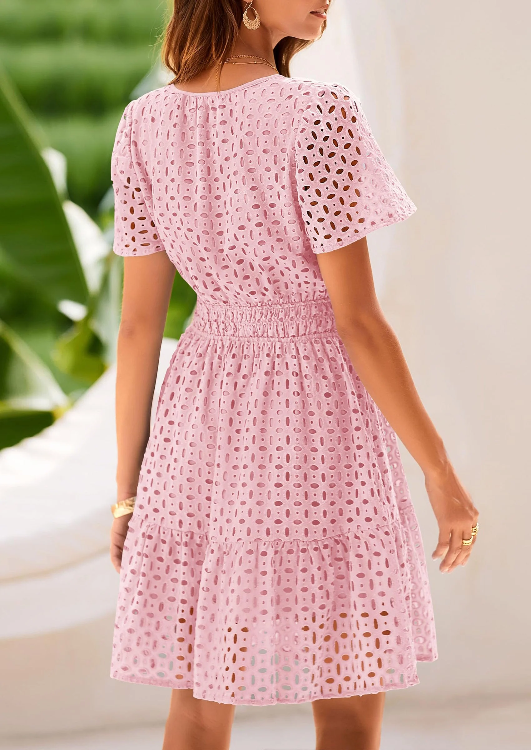 PRETTYGARDEN Women Summer Short Dress V Neck Short Sleeve A Line Hollow Out Lace Ruffle Cute Casual Beach Party Dresses - Image 14