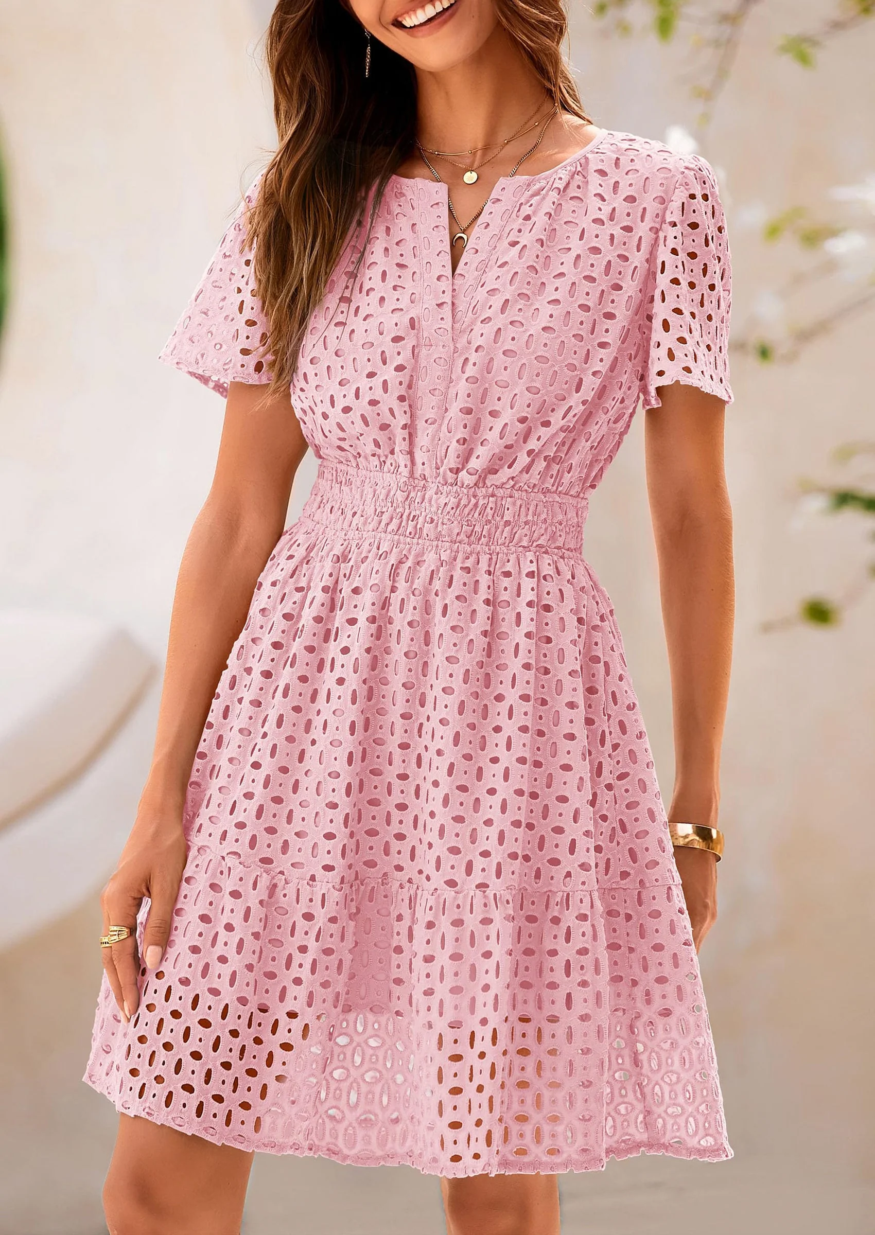 PRETTYGARDEN Women Summer Short Dress V Neck Short Sleeve A Line Hollow Out Lace Ruffle Cute Casual Beach Party Dresses - Image 16