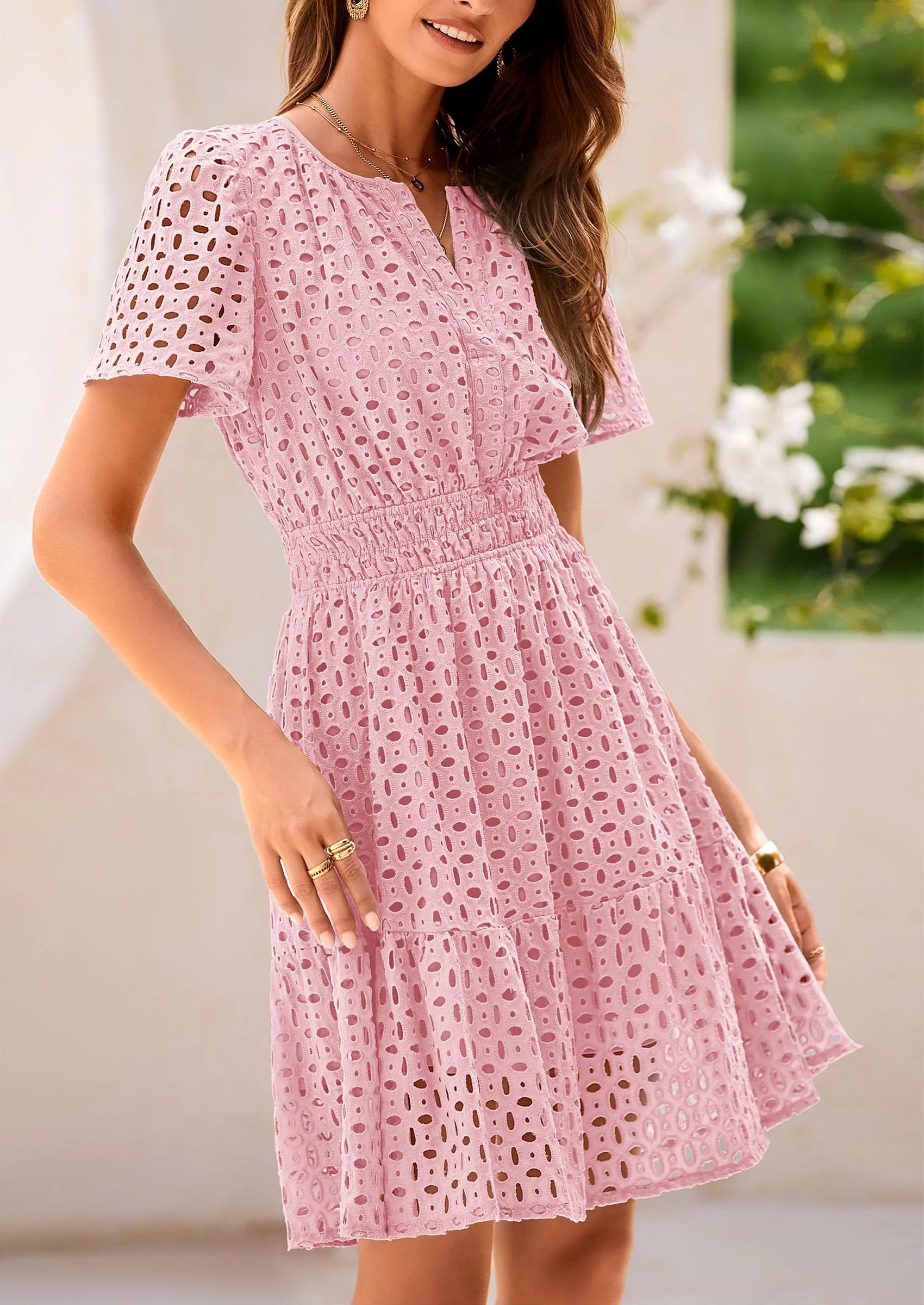 PRETTYGARDEN Women Summer Short Dress V Neck Short Sleeve A Line Hollow Out Lace Ruffle Cute Casual Beach Party Dresses - Image 17