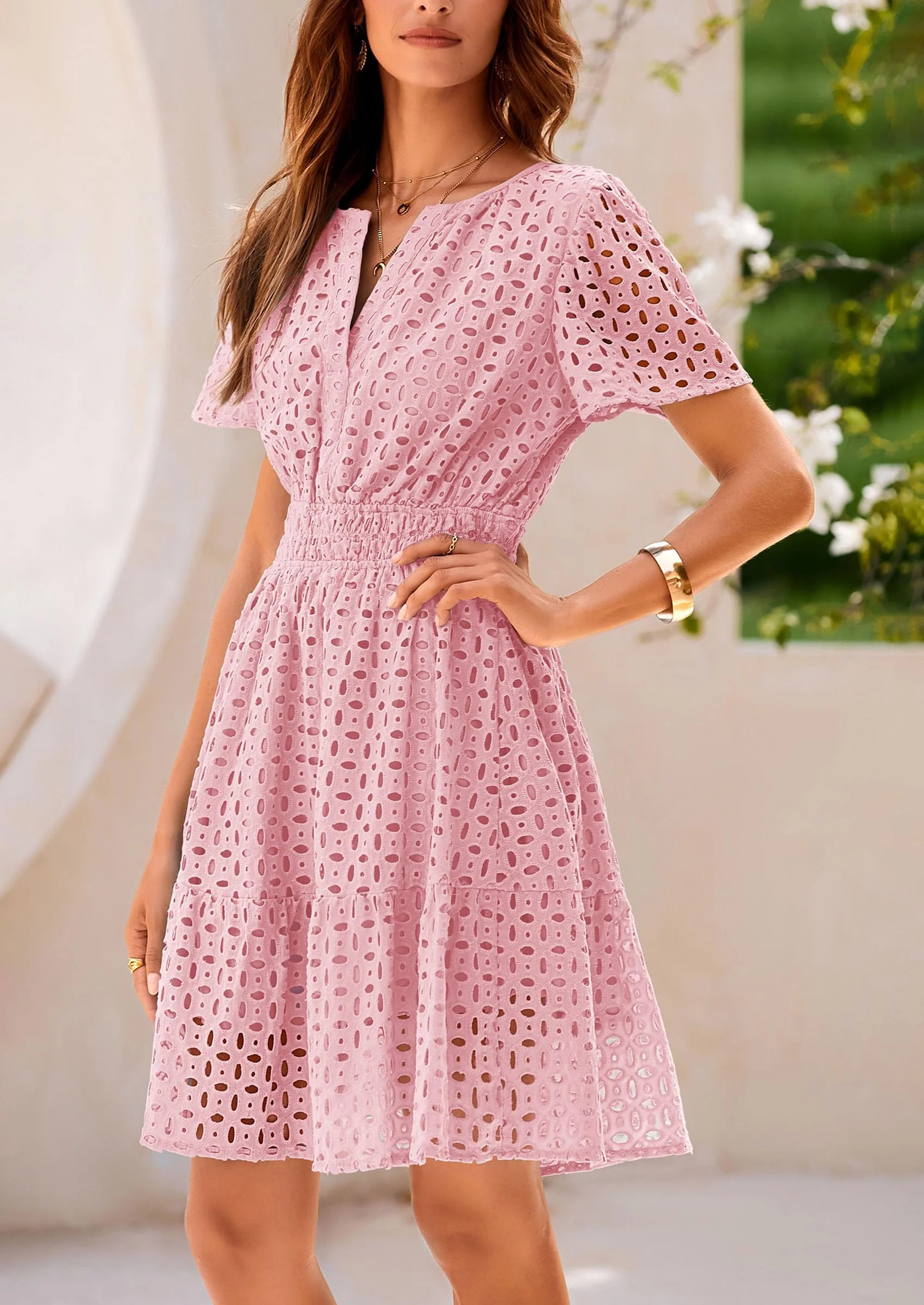 PRETTYGARDEN Women Summer Short Dress V Neck Short Sleeve A Line Hollow Out Lace Ruffle Cute Casual Beach Party Dresses - Image 18