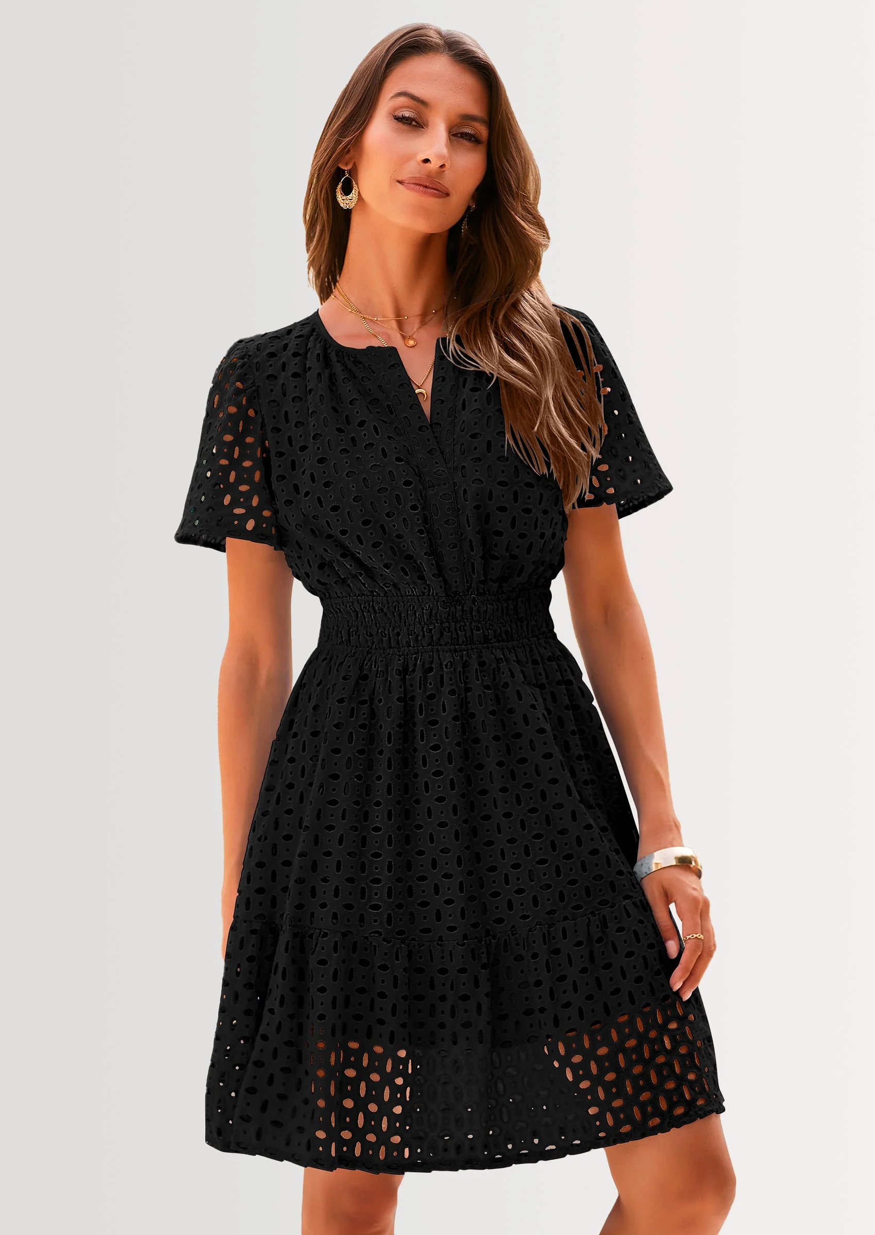 PRETTYGARDEN Women Summer Short Dress V Neck Short Sleeve A Line Hollow Out Lace Ruffle Cute Casual Beach Party Dresses - Image 19