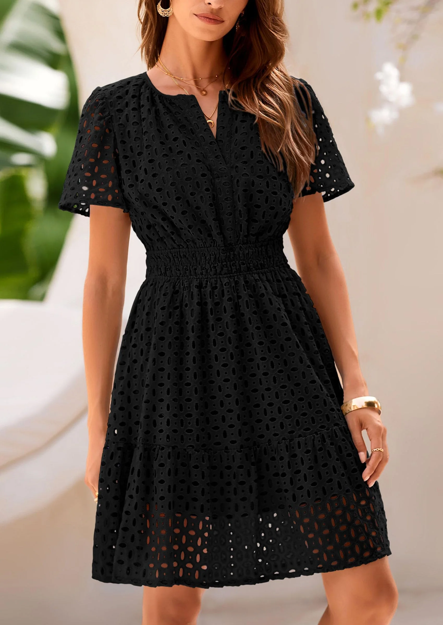 PRETTYGARDEN Women Summer Short Dress V Neck Short Sleeve A Line Hollow Out Lace Ruffle Cute Casual Beach Party Dresses - Image 21