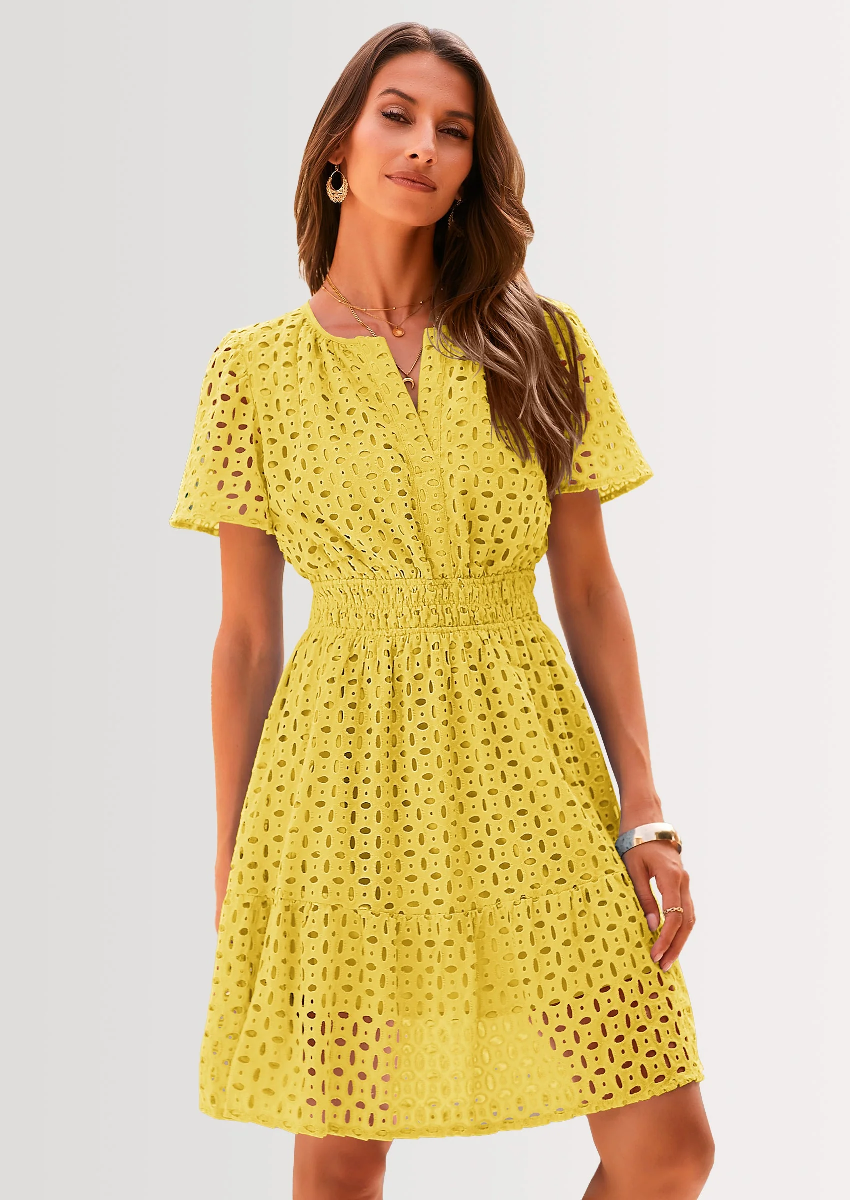 PRETTYGARDEN Women Summer Short Dress V Neck Short Sleeve A Line Hollow Out Lace Ruffle Cute Casual Beach Party Dresses - Image 31