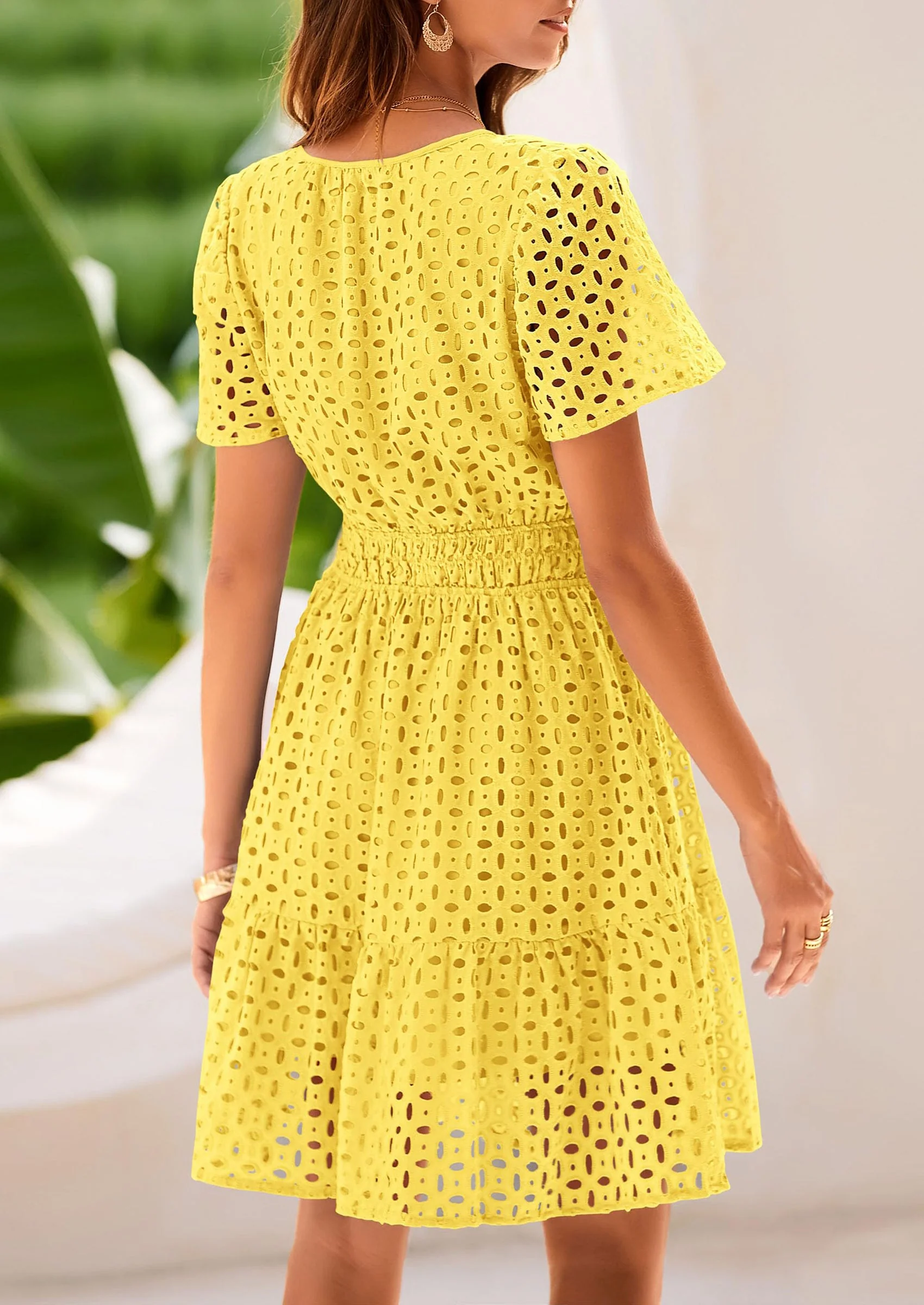 PRETTYGARDEN Women Summer Short Dress V Neck Short Sleeve A Line Hollow Out Lace Ruffle Cute Casual Beach Party Dresses - Image 32