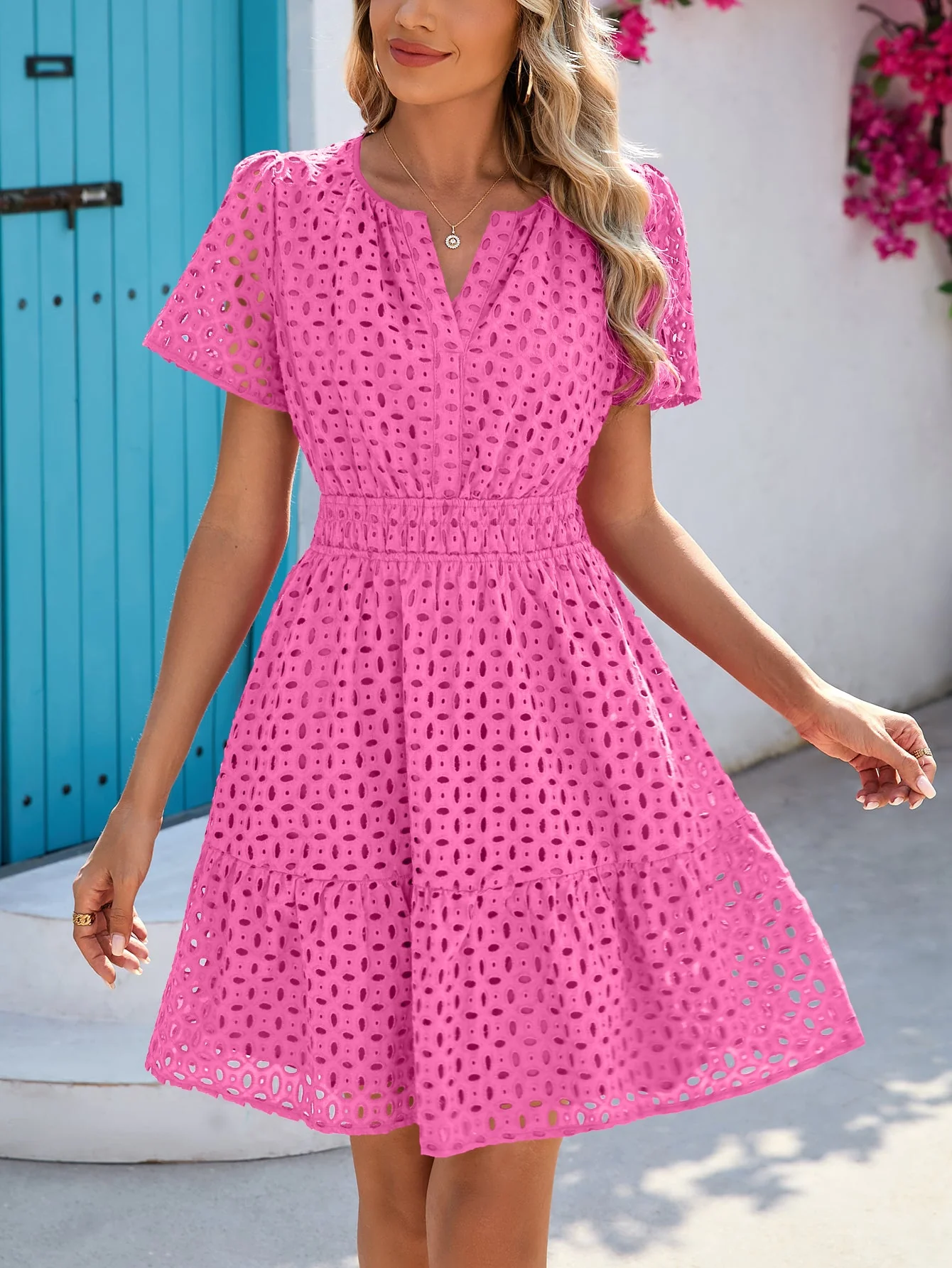 PRETTYGARDEN Women Summer Short Dress V Neck Short Sleeve A Line Hollow Out Lace Ruffle Cute Casual Beach Party Dresses - Image 37