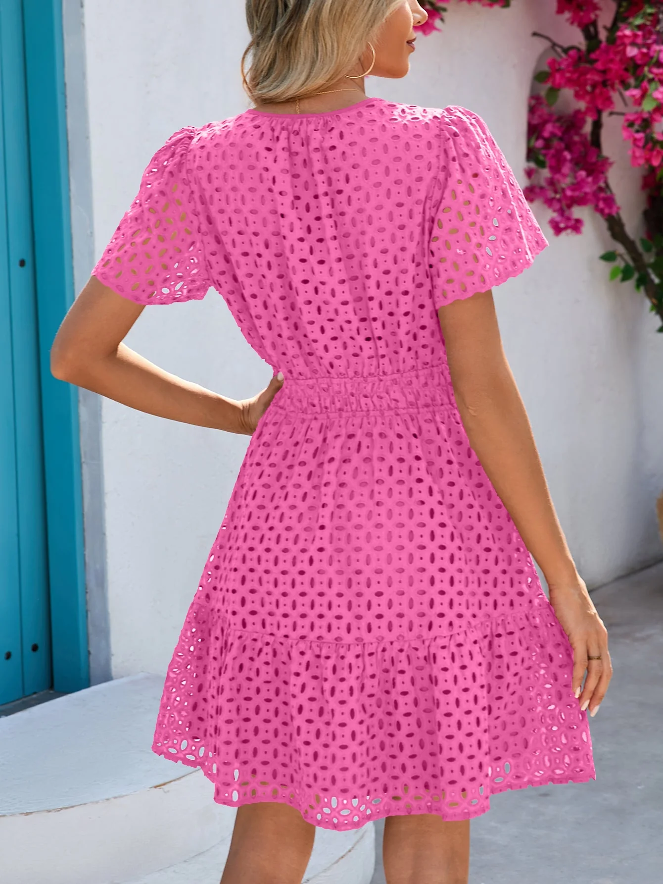 PRETTYGARDEN Women Summer Short Dress V Neck Short Sleeve A Line Hollow Out Lace Ruffle Cute Casual Beach Party Dresses - Image 38