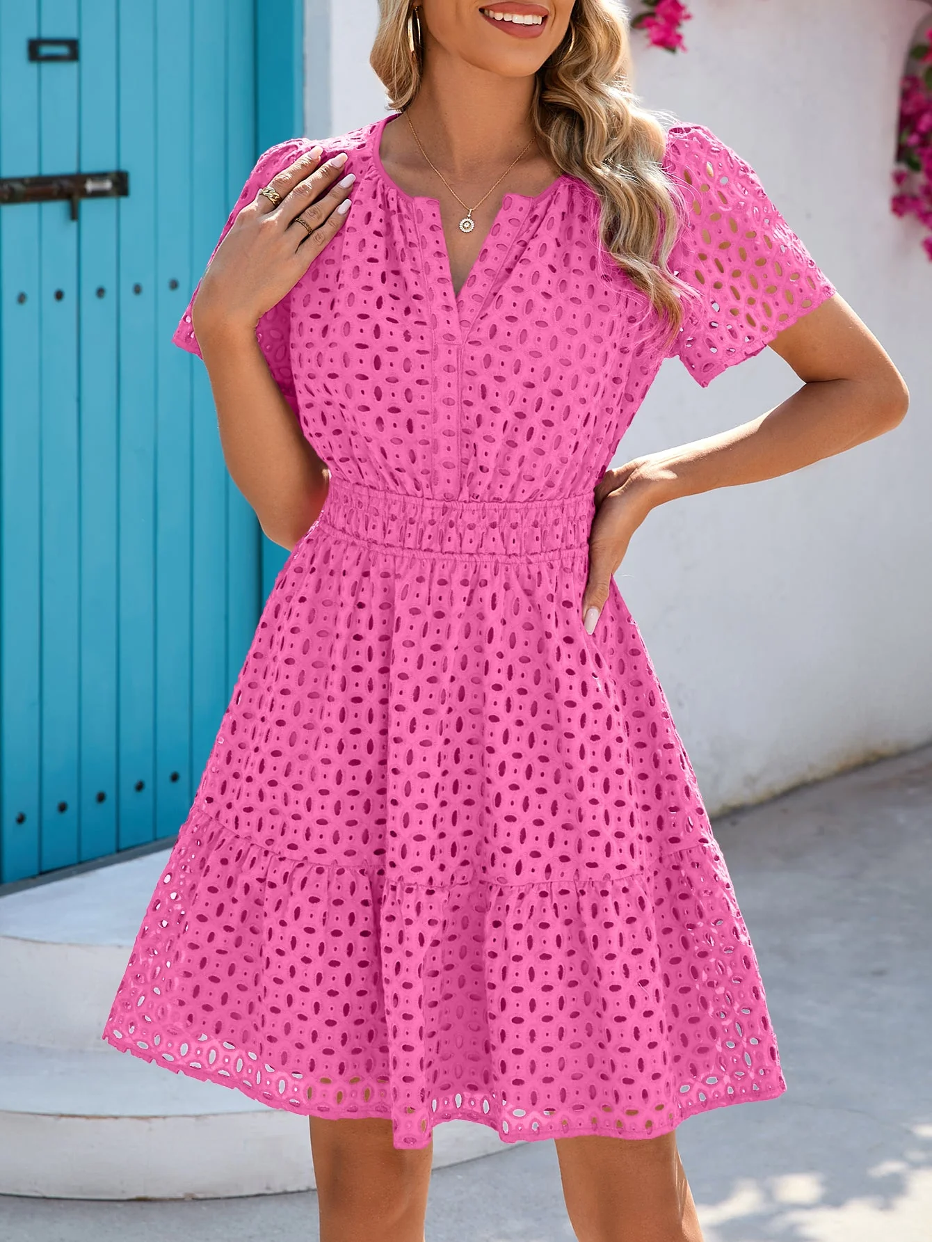 PRETTYGARDEN Women Summer Short Dress V Neck Short Sleeve A Line Hollow Out Lace Ruffle Cute Casual Beach Party Dresses - Image 40