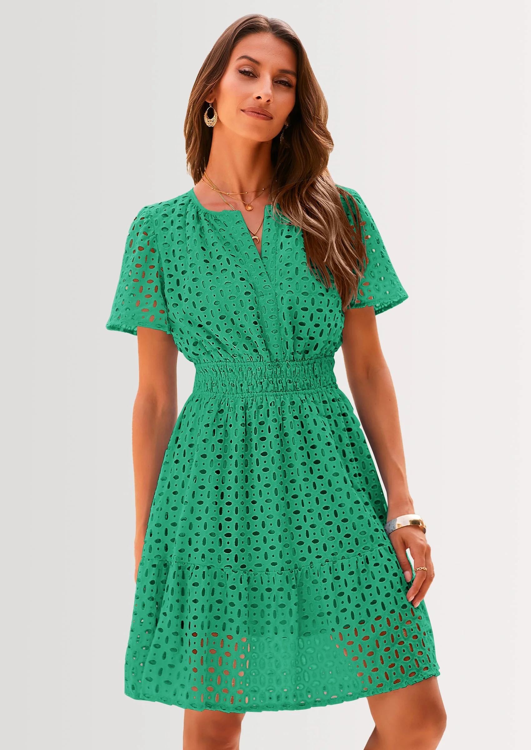 PRETTYGARDEN Women Summer Short Dress V Neck Short Sleeve A Line Hollow Out Lace Ruffle Cute Casual Beach Party Dresses - Image 7