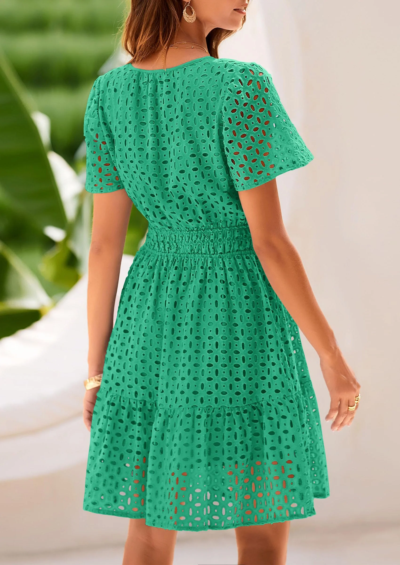 PRETTYGARDEN Women Summer Short Dress V Neck Short Sleeve A Line Hollow Out Lace Ruffle Cute Casual Beach Party Dresses - Image 8