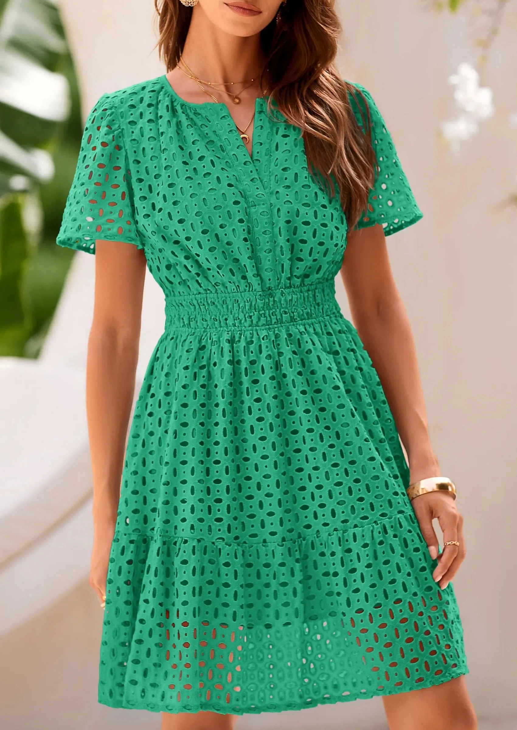 PRETTYGARDEN Women Summer Short Dress V Neck Short Sleeve A Line Hollow Out Lace Ruffle Cute Casual Beach Party Dresses - Image 9