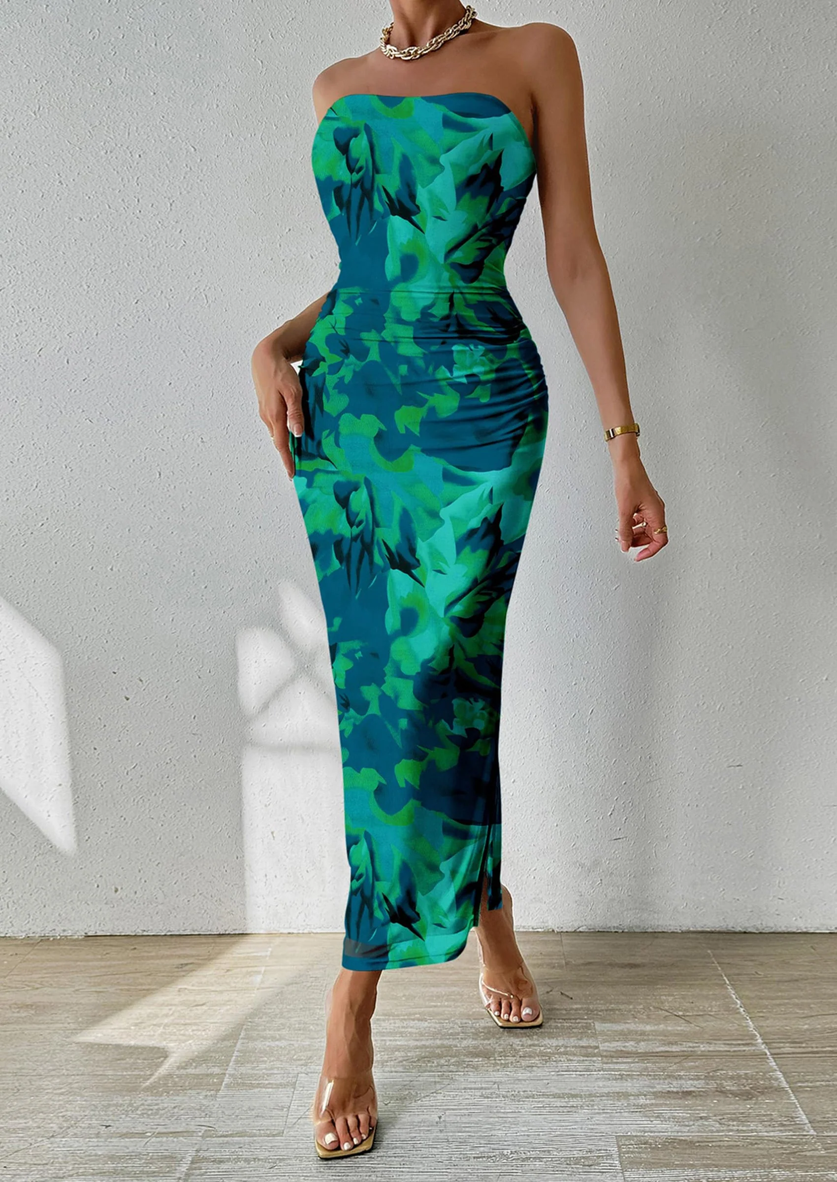 PRETTYGARDEN Women's Maxi Bodycon Dresses Strapless Tube Top Slit Floral Printed Party Club Long Dress - Image 13