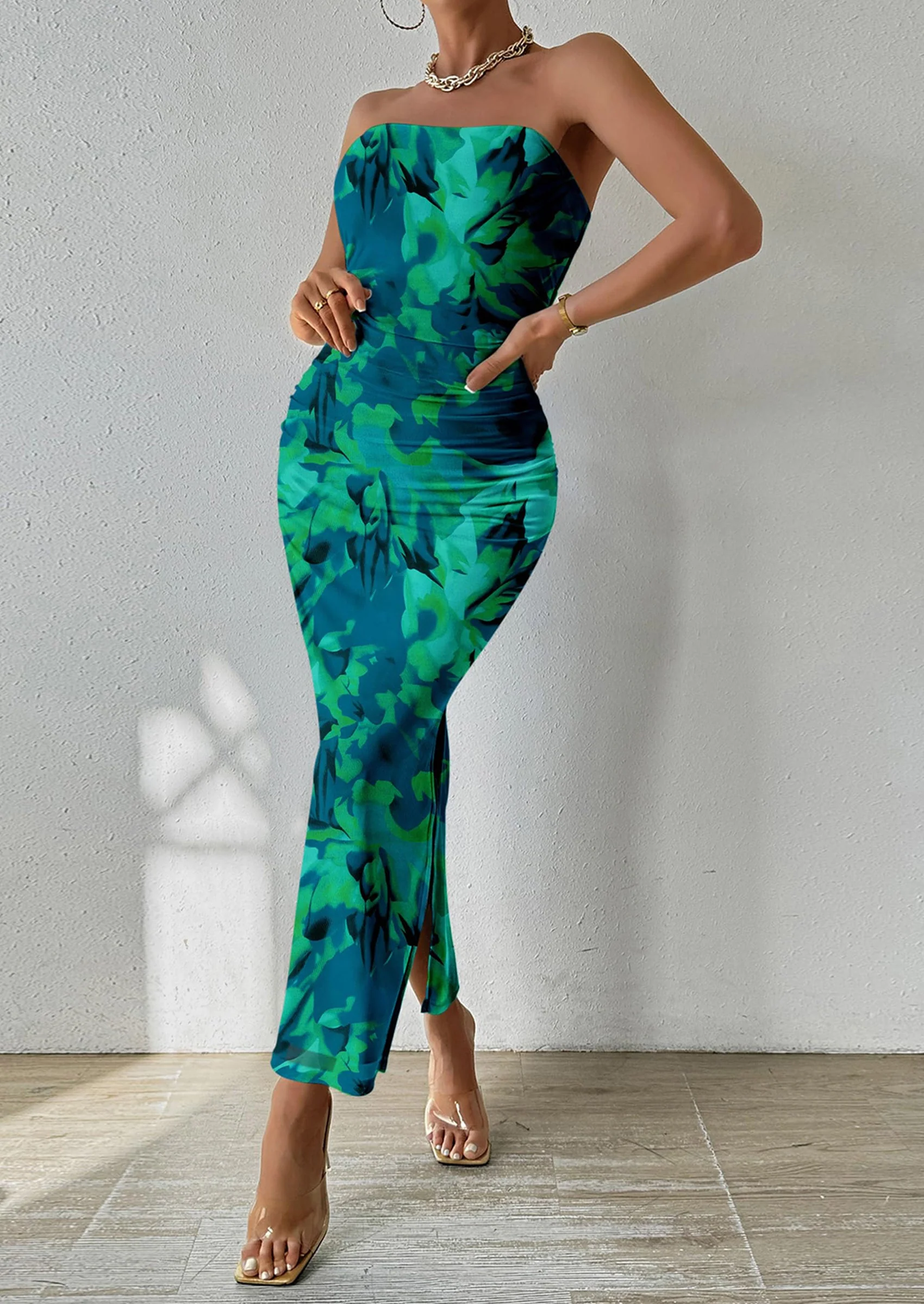 PRETTYGARDEN Women's Maxi Bodycon Dresses Strapless Tube Top Slit Floral Printed Party Club Long Dress - Image 14