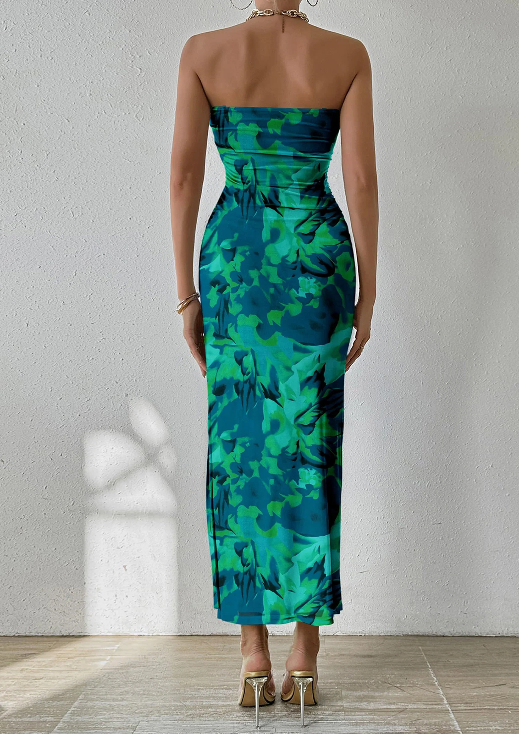 PRETTYGARDEN Women's Maxi Bodycon Dresses Strapless Tube Top Slit Floral Printed Party Club Long Dress - Image 15