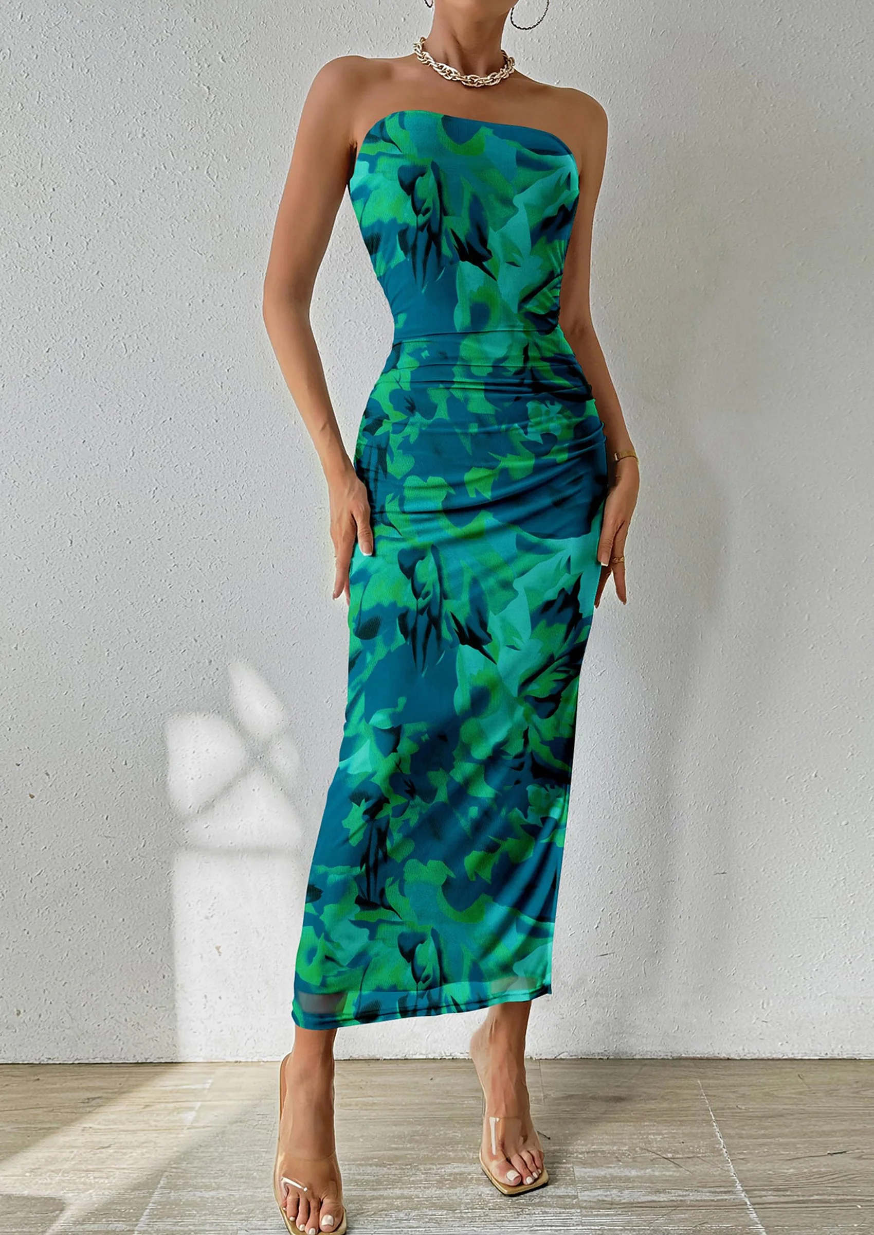 PRETTYGARDEN Women's Maxi Bodycon Dresses Strapless Tube Top Slit Floral Printed Party Club Long Dress - Image 16