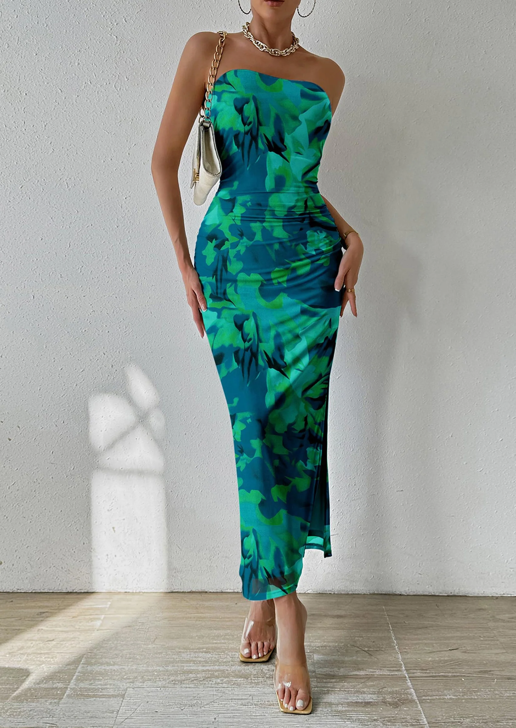 PRETTYGARDEN Women's Maxi Bodycon Dresses Strapless Tube Top Slit Floral Printed Party Club Long Dress - Image 17