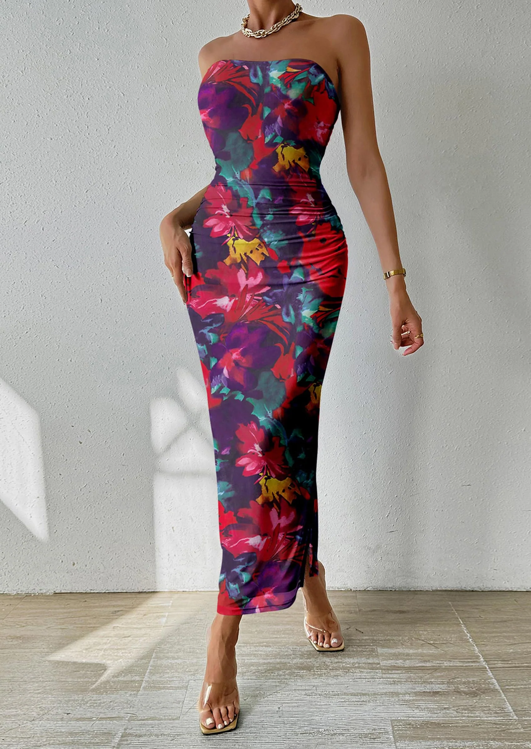 PRETTYGARDEN Women's Maxi Bodycon Dresses Strapless Tube Top Slit Floral Printed Party Club Long Dress - Image 18