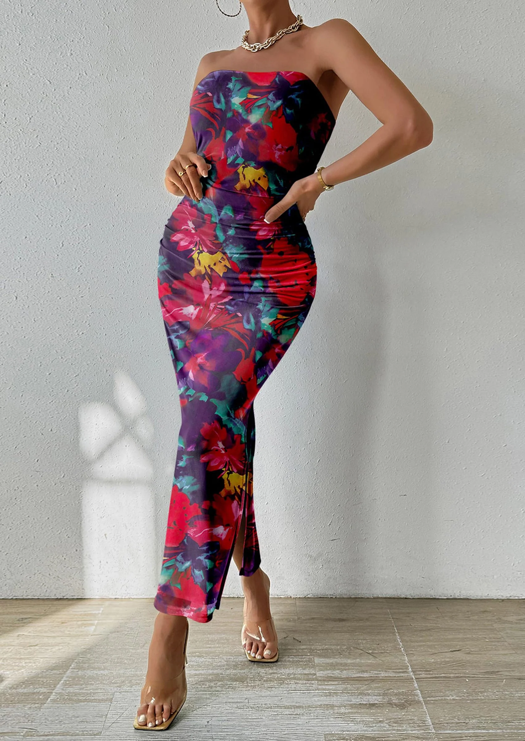 PRETTYGARDEN Women's Maxi Bodycon Dresses Strapless Tube Top Slit Floral Printed Party Club Long Dress - Image 19