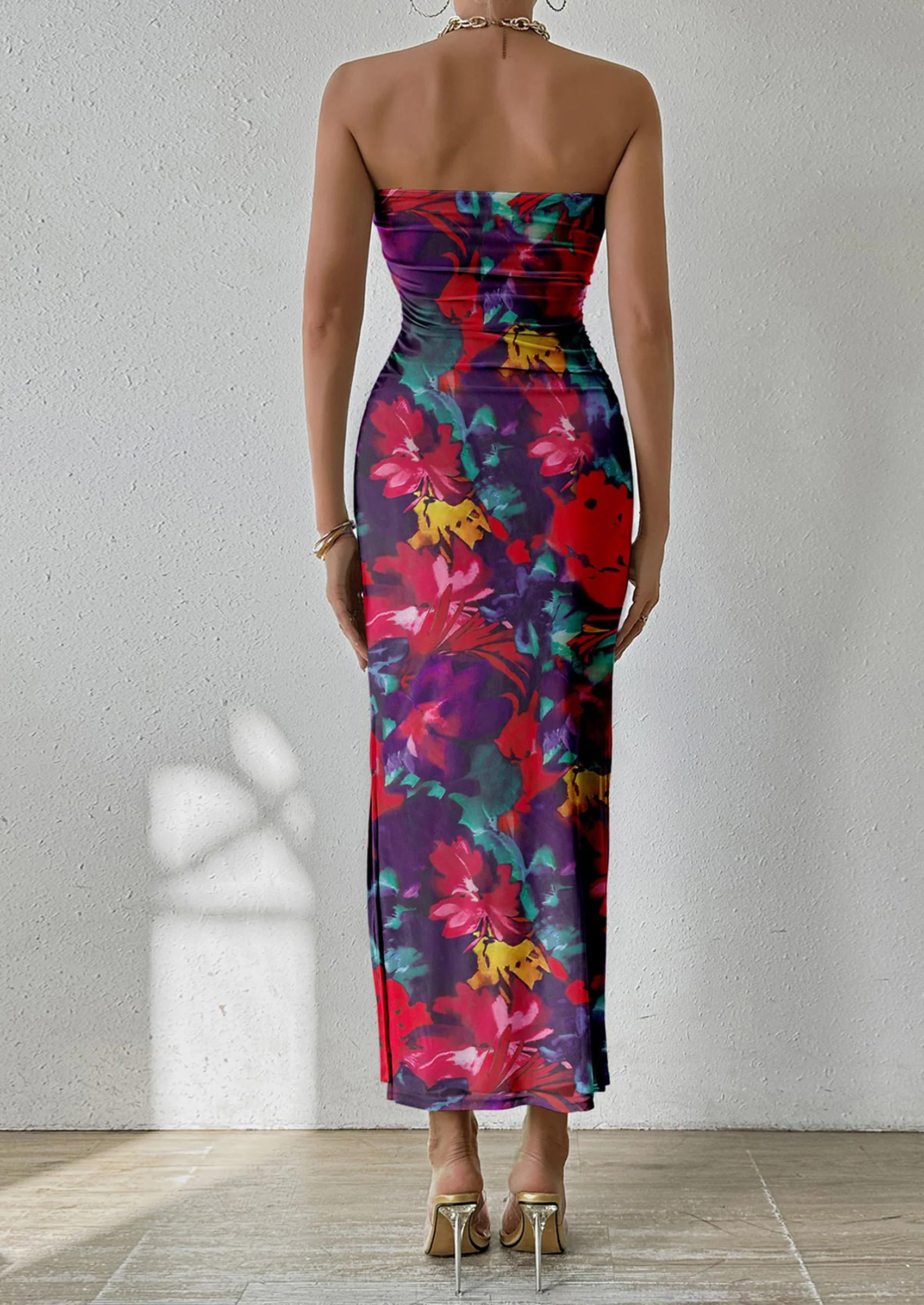 PRETTYGARDEN Women's Maxi Bodycon Dresses Strapless Tube Top Slit Floral Printed Party Club Long Dress - Image 20