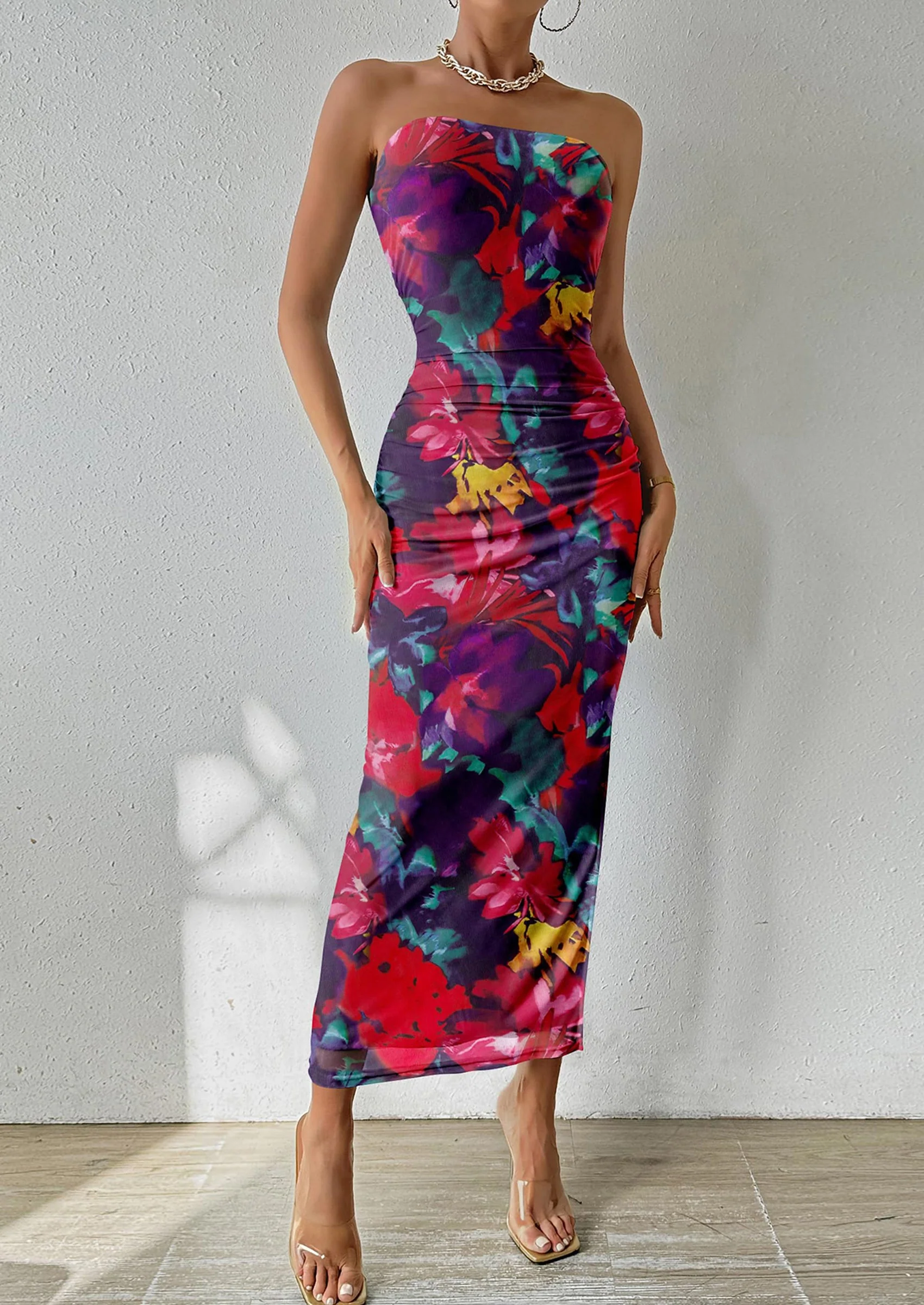 PRETTYGARDEN Women's Maxi Bodycon Dresses Strapless Tube Top Slit Floral Printed Party Club Long Dress - Image 21