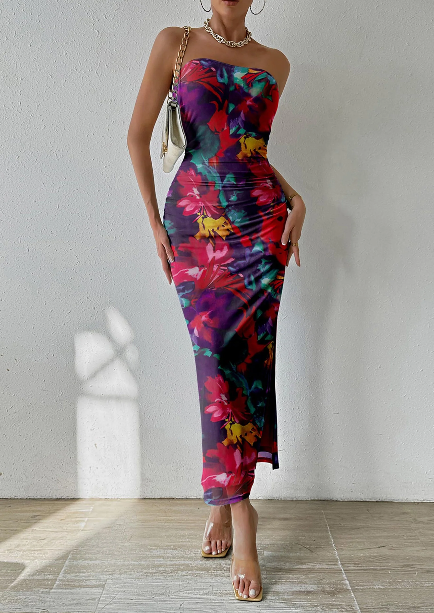 PRETTYGARDEN Women's Maxi Bodycon Dresses Strapless Tube Top Slit Floral Printed Party Club Long Dress - Image 22