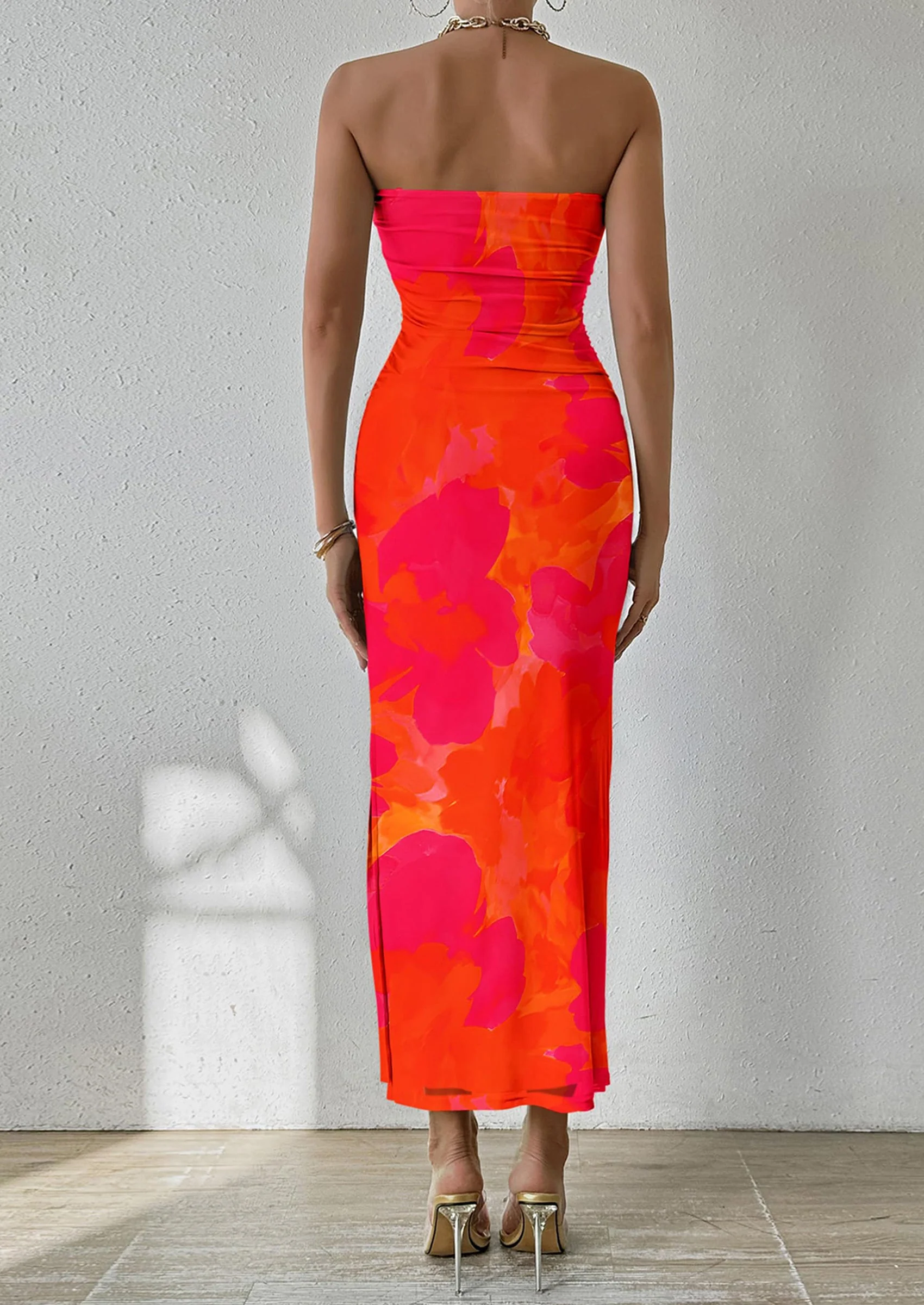 PRETTYGARDEN Women's Maxi Bodycon Dresses Strapless Tube Top Slit Floral Printed Party Club Long Dress - Image 25