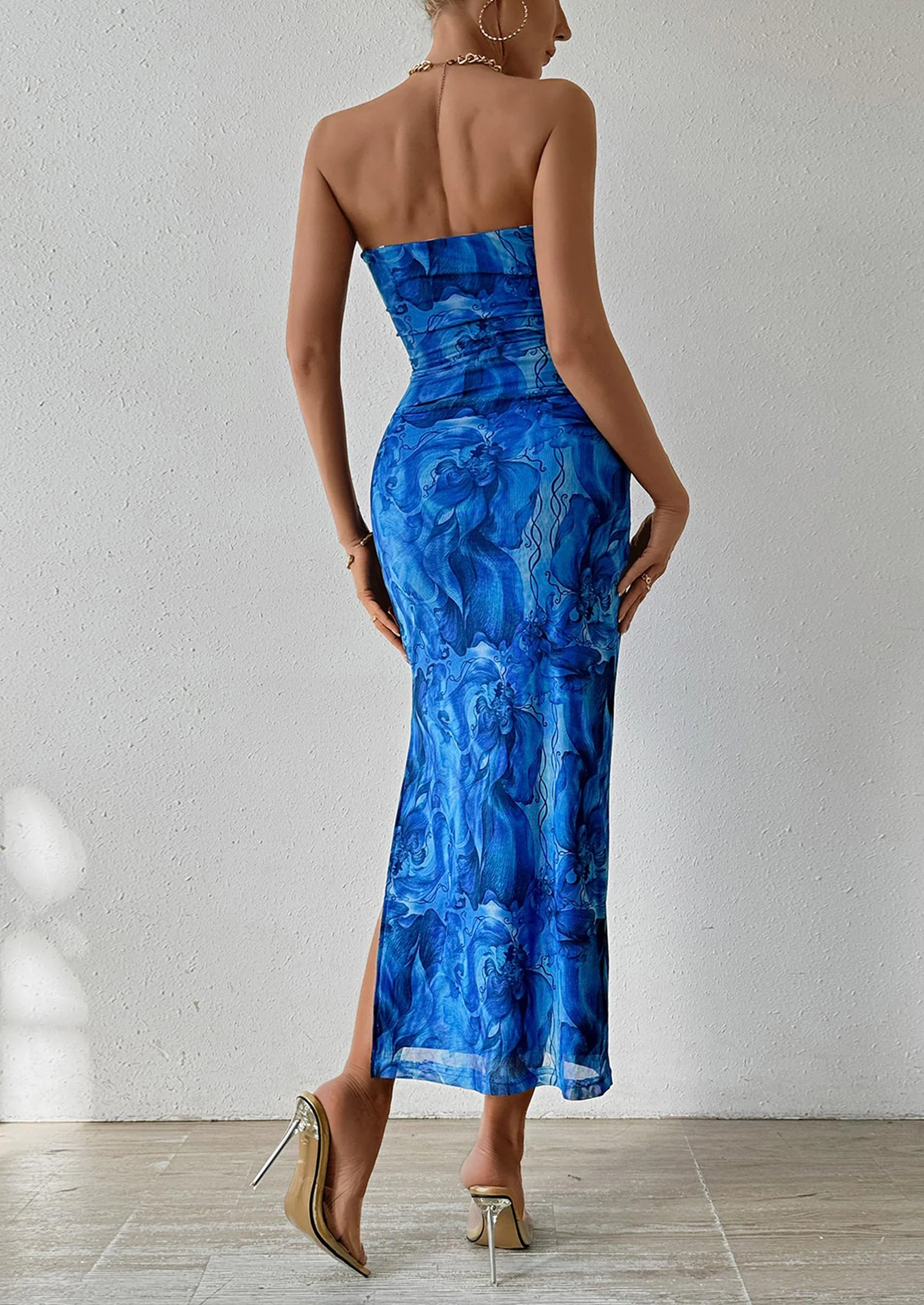 PRETTYGARDEN Women's Maxi Bodycon Dresses Strapless Tube Top Slit Floral Printed Party Club Long Dress - Image 32