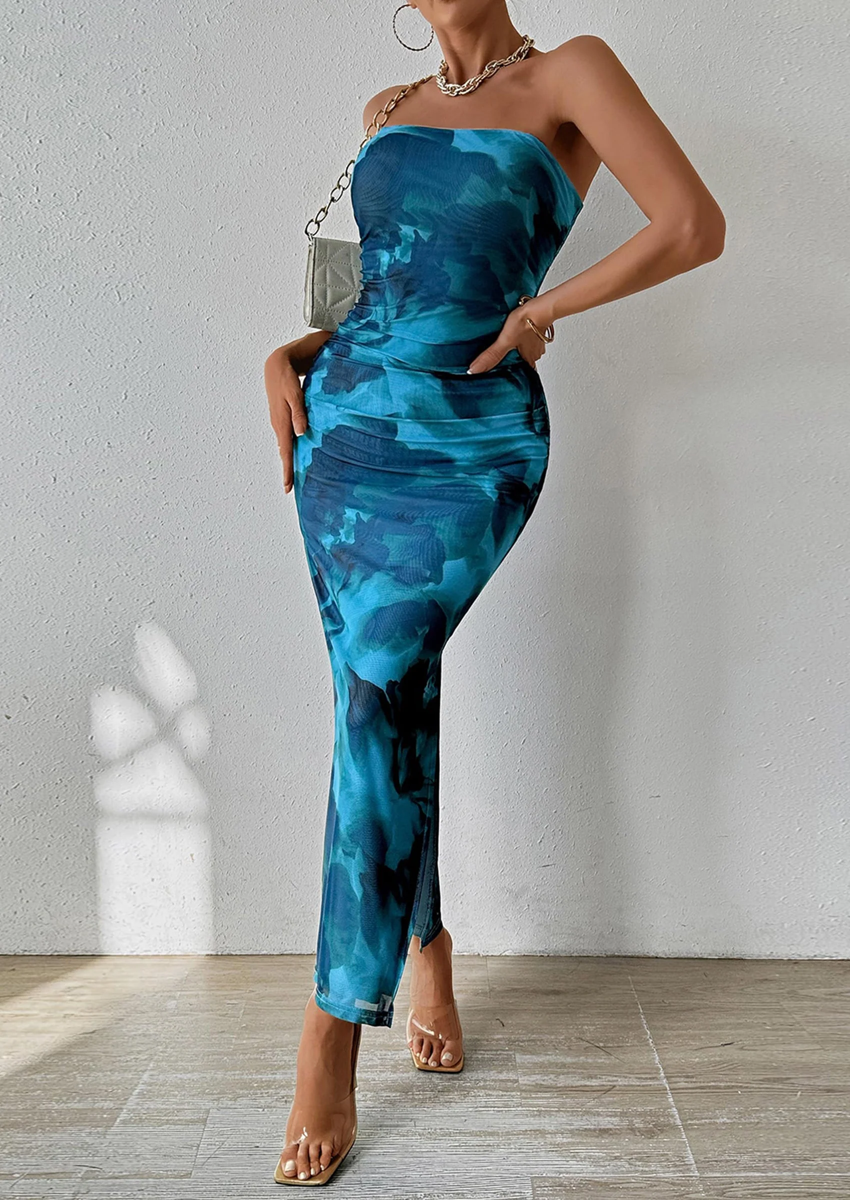 PRETTYGARDEN Women's Maxi Bodycon Dresses Strapless Tube Top Slit Floral Printed Party Club Long Dress - Image 33