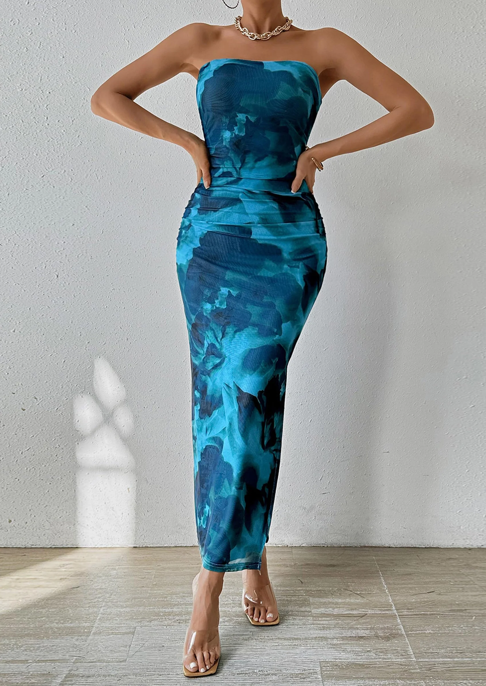 PRETTYGARDEN Women's Maxi Bodycon Dresses Strapless Tube Top Slit Floral Printed Party Club Long Dress - Image 34