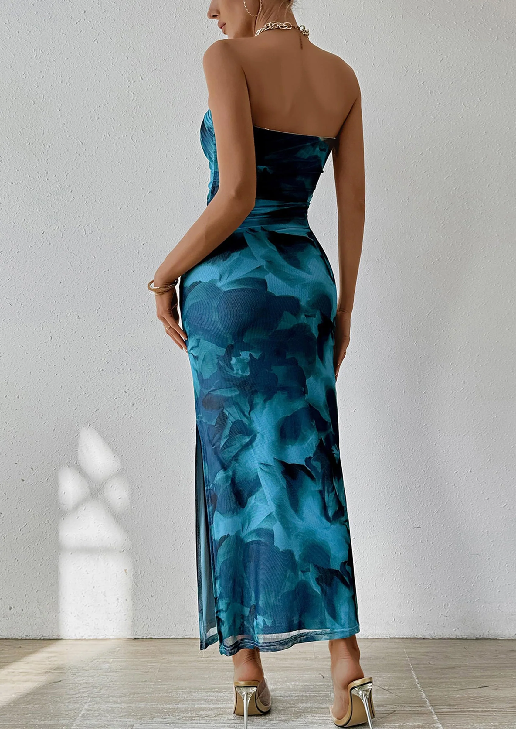 PRETTYGARDEN Women's Maxi Bodycon Dresses Strapless Tube Top Slit Floral Printed Party Club Long Dress - Image 35