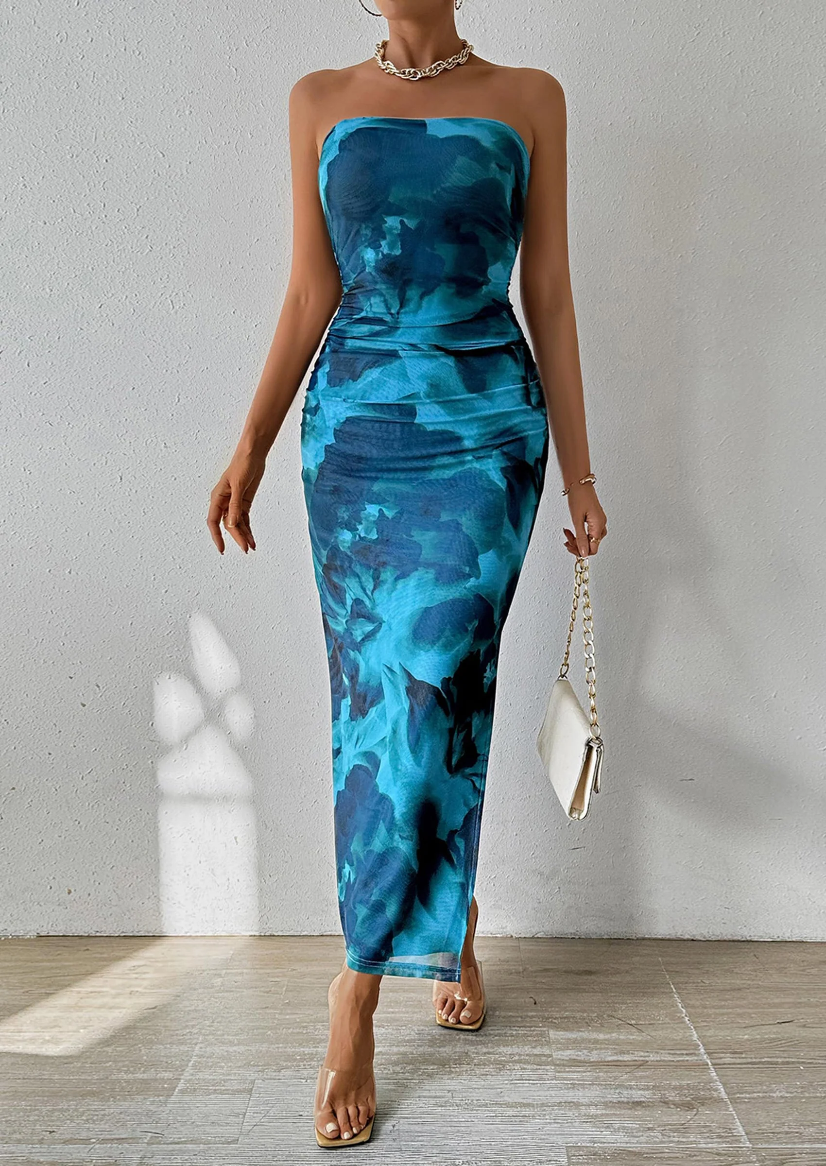 PRETTYGARDEN Women's Maxi Bodycon Dresses Strapless Tube Top Slit Floral Printed Party Club Long Dress - Image 36