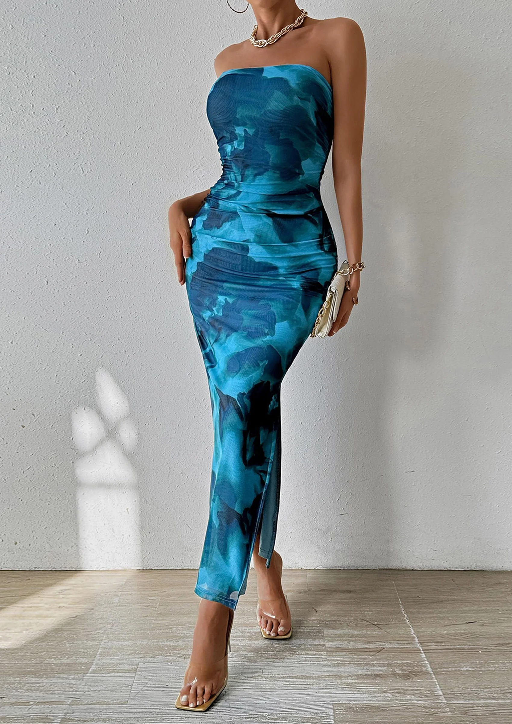 PRETTYGARDEN Women's Maxi Bodycon Dresses Strapless Tube Top Slit Floral Printed Party Club Long Dress - Image 37