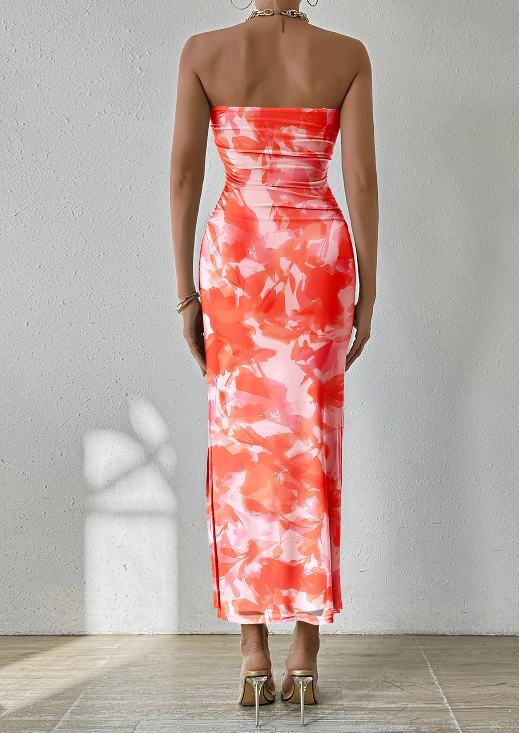 PRETTYGARDEN Women's Maxi Bodycon Dresses Strapless Tube Top Slit Floral Printed Party Club Long Dress - Image 39