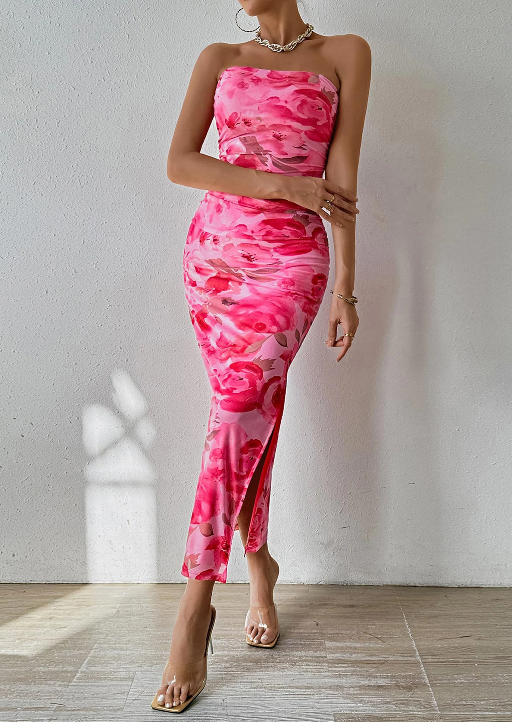 PRETTYGARDEN Women's Maxi Bodycon Dresses Strapless Tube Top Slit Floral Printed Party Club Long Dress - Image 46