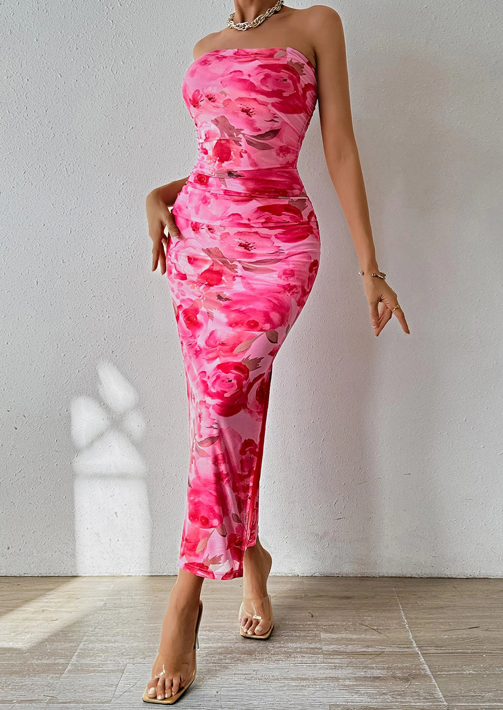 PRETTYGARDEN Women's Maxi Bodycon Dresses Strapless Tube Top Slit Floral Printed Party Club Long Dress - Image 47