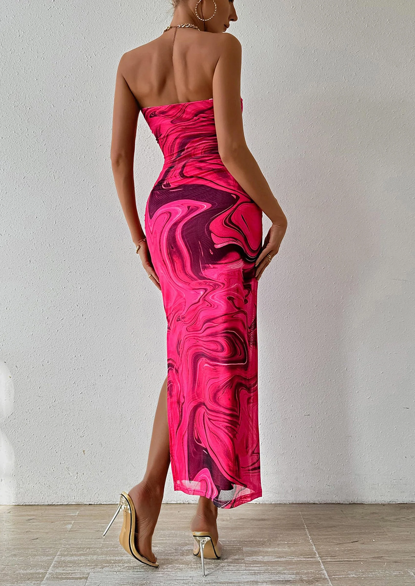 PRETTYGARDEN Women's Maxi Bodycon Dresses Strapless Tube Top Slit Floral Printed Party Club Long Dress - Image 49