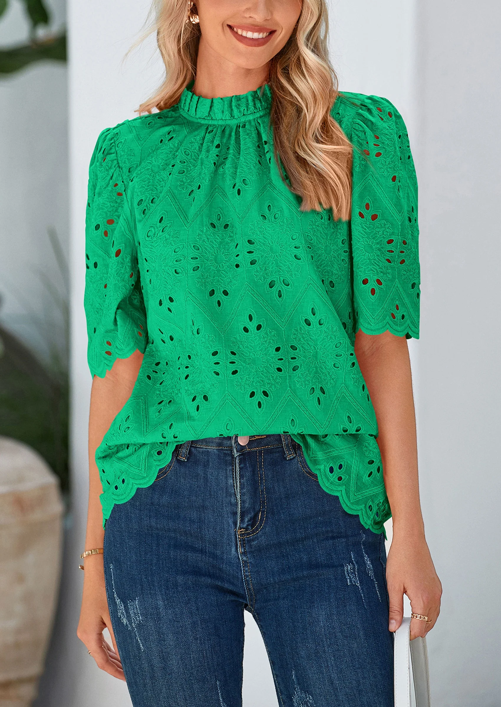 PRETTYGARDEN Womens Summer Tops Trendy Short Sleeve Eyelet Embroidered Dressy Casual Blouse Shirts - Image 3