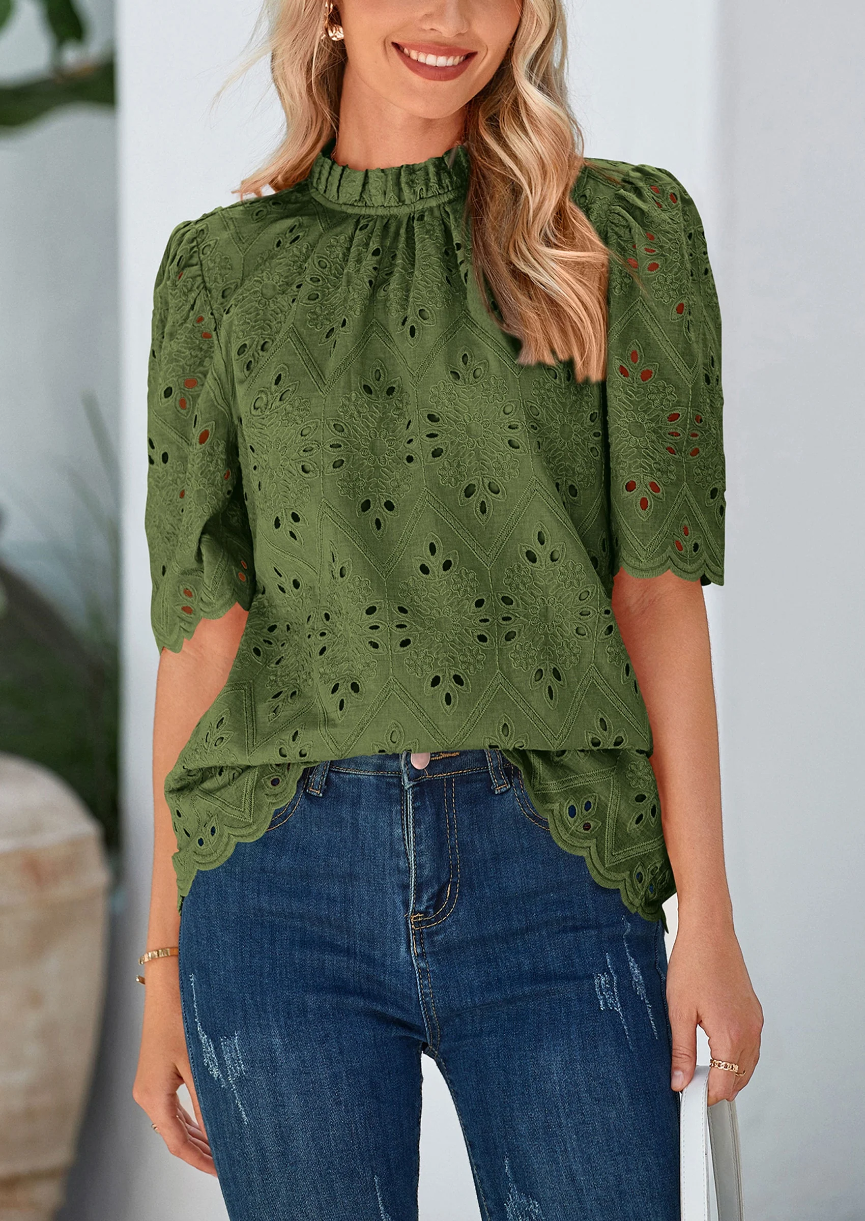 PRETTYGARDEN Womens Summer Tops Trendy Short Sleeve Eyelet Embroidered Dressy Casual Blouse Shirts - Image 9