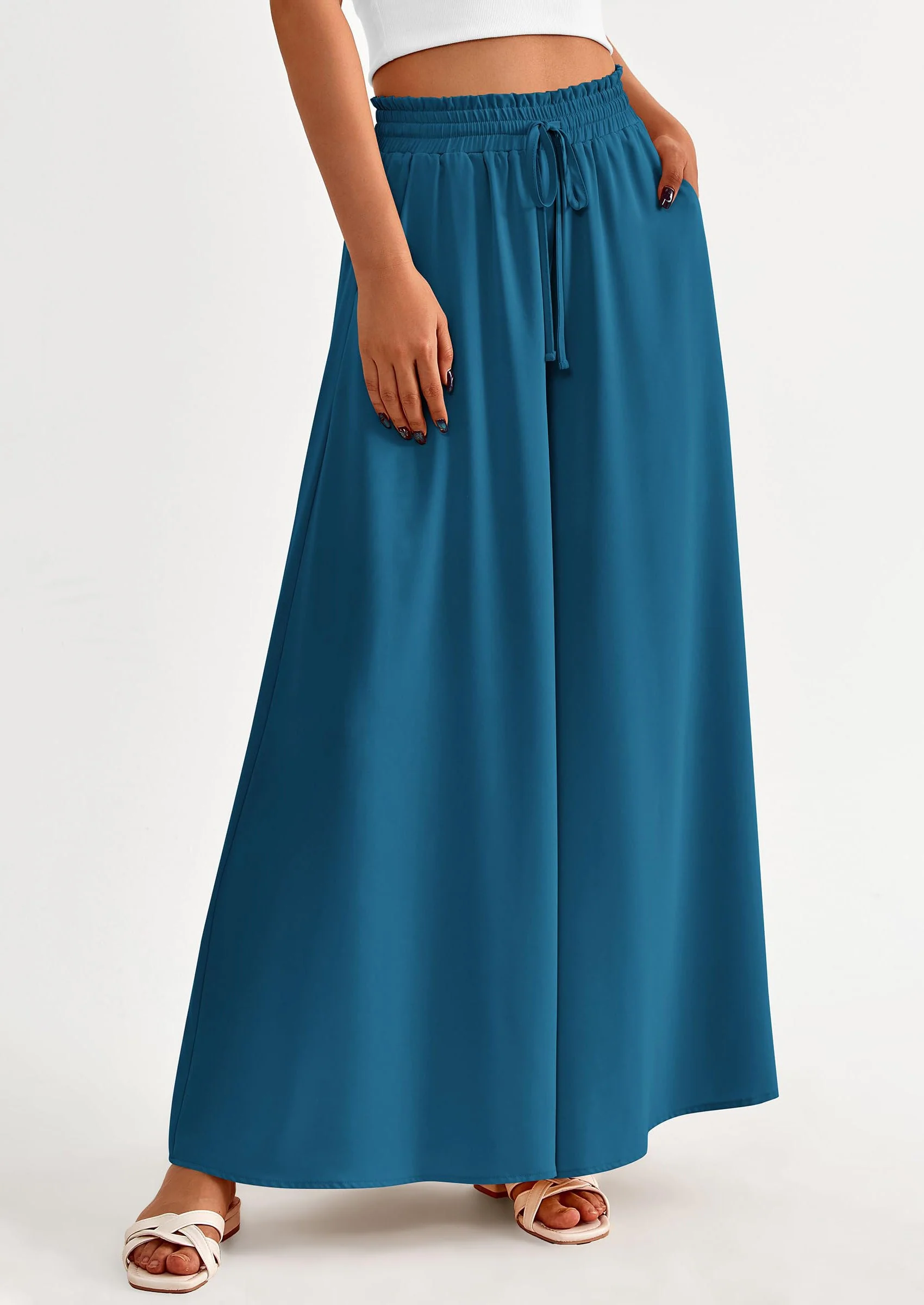 PRETTYGARDEN Women's Summer Wide Leg Palazzo Pants High Waisted Flowy Pockets Trendy Casual Lounge Boho Beach Trousers - Image 42