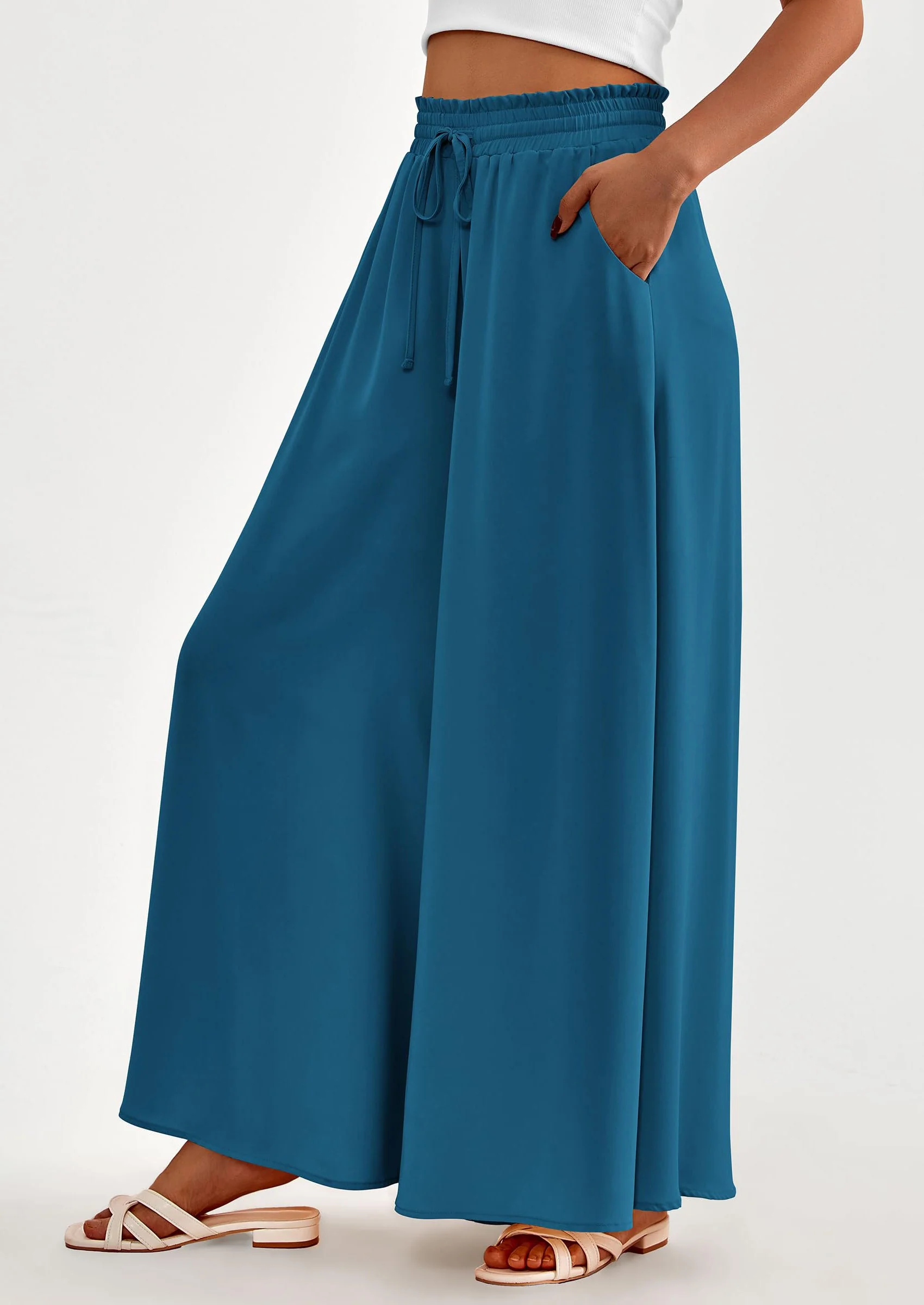 PRETTYGARDEN Women's Summer Wide Leg Palazzo Pants High Waisted Flowy Pockets Trendy Casual Lounge Boho Beach Trousers - Image 43