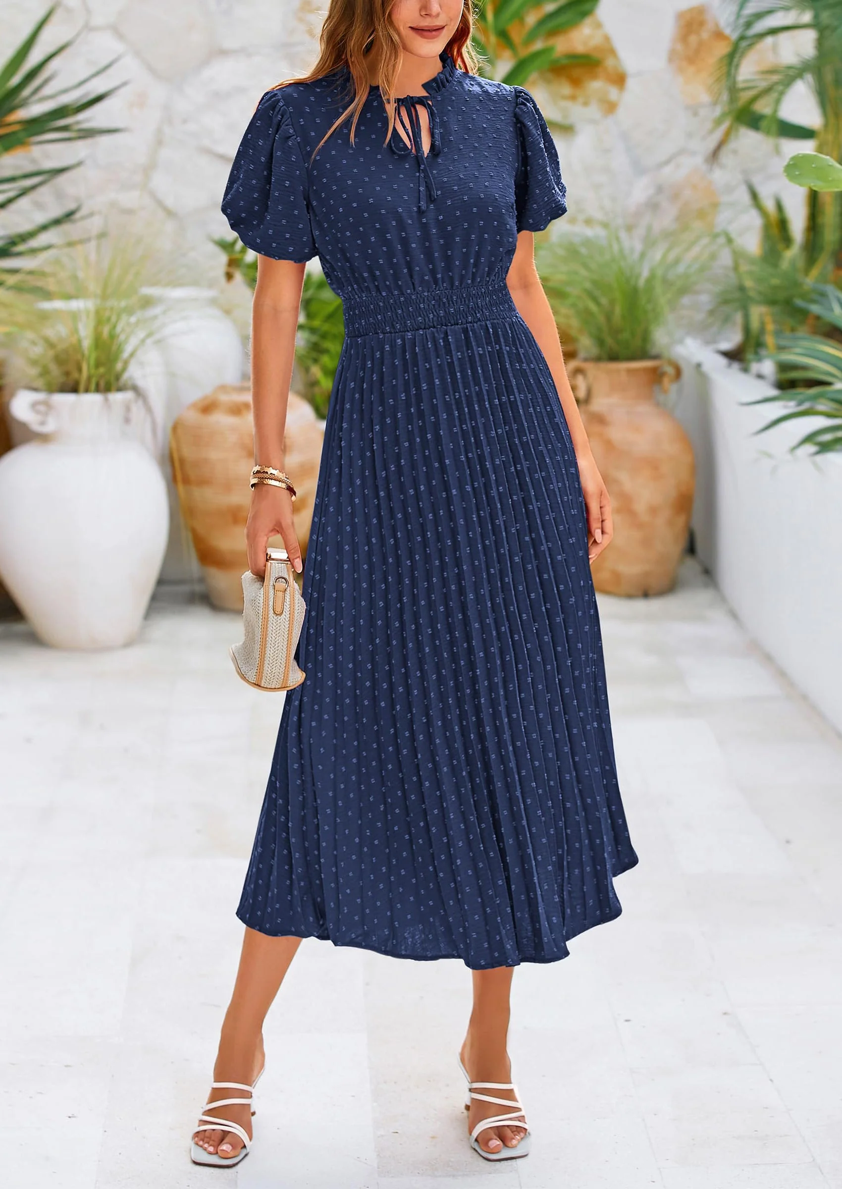 PRETTYGARDEN Womens Midi Dresses Puff Short Sleeve V Neck Swiss Dot Pleated A Line Flowy Long Wedding Guest Dress - Image 10