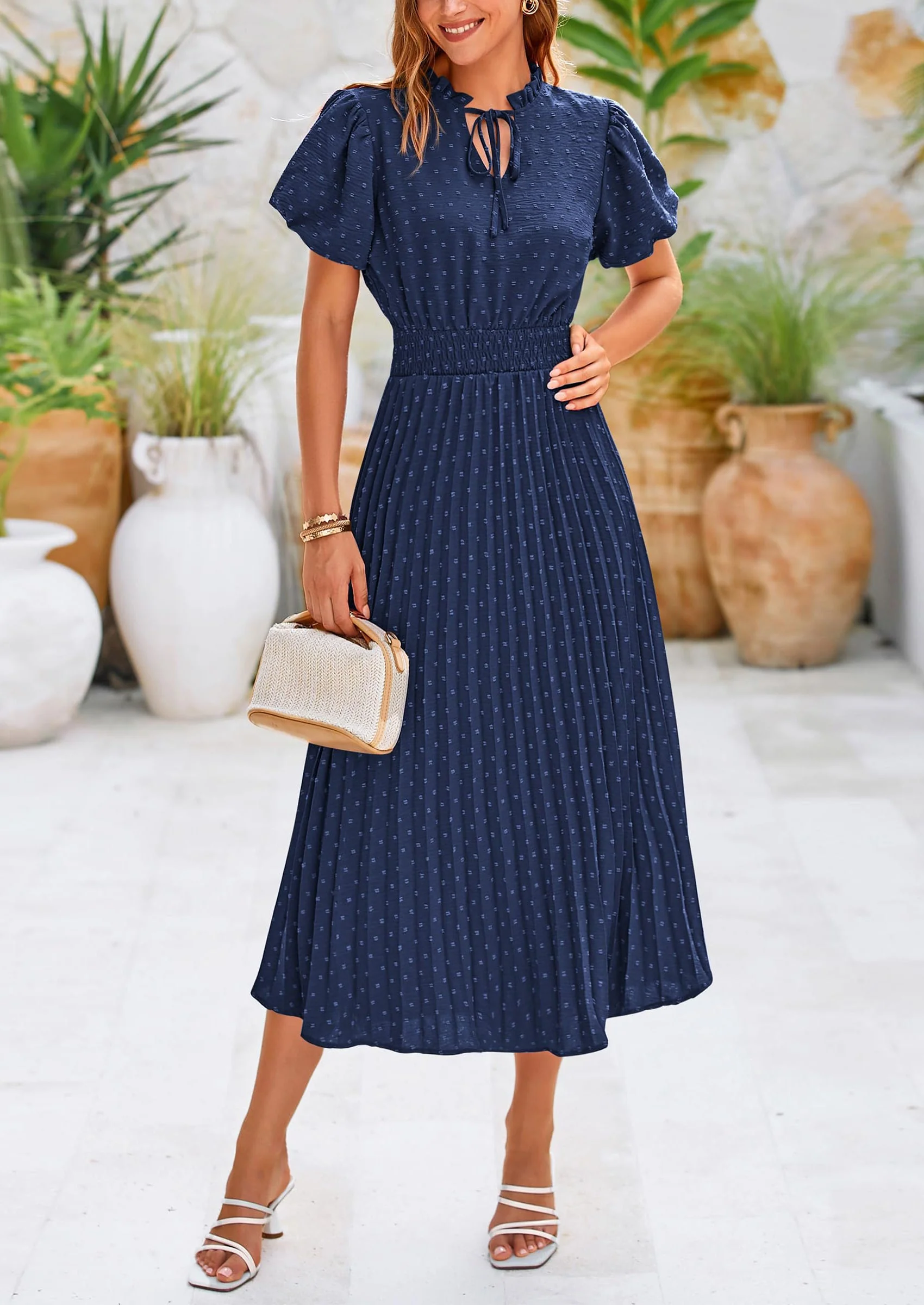 PRETTYGARDEN Womens Midi Dresses Puff Short Sleeve V Neck Swiss Dot Pleated A Line Flowy Long Wedding Guest Dress - Image 11