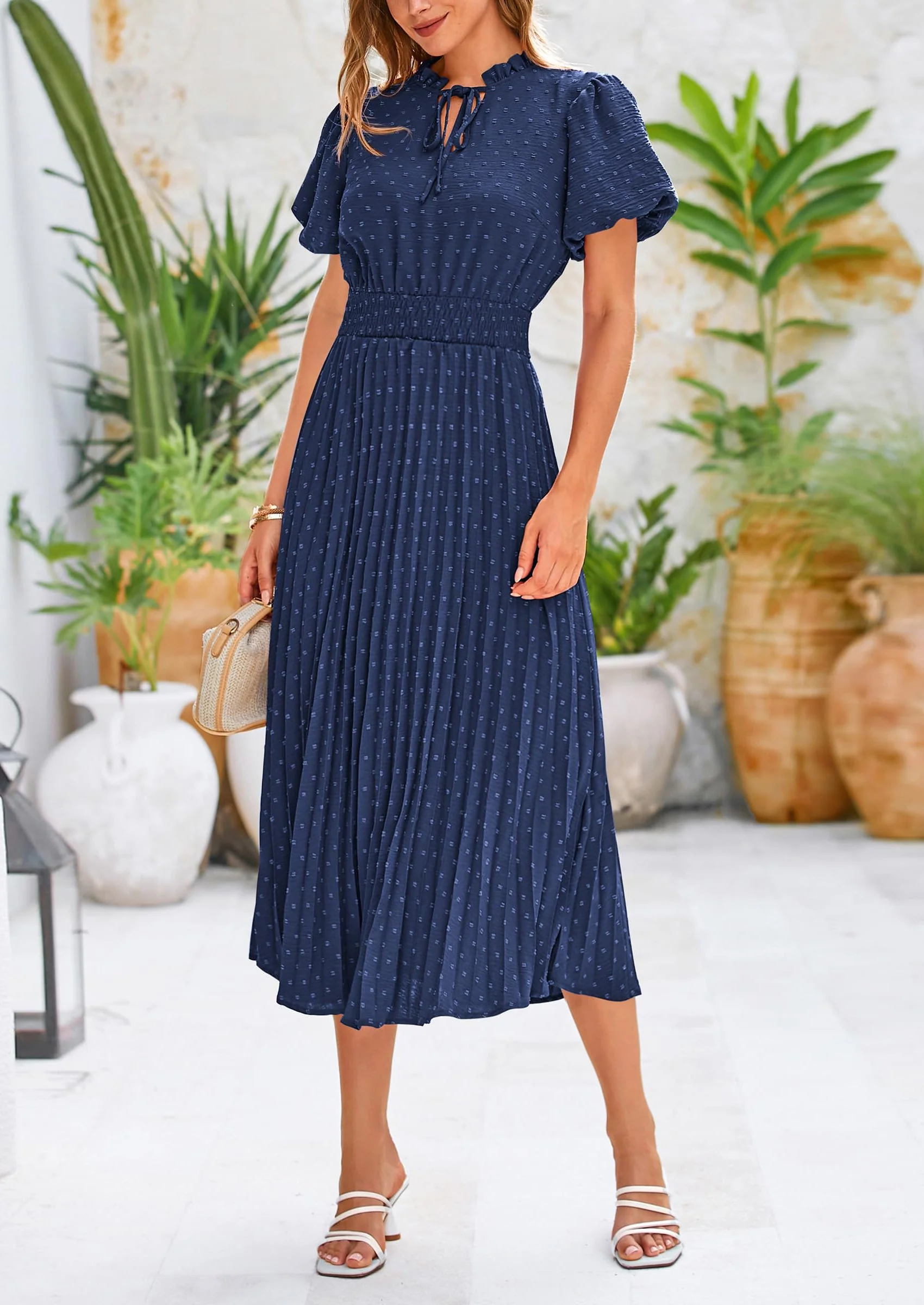 PRETTYGARDEN Womens Midi Dresses Puff Short Sleeve V Neck Swiss Dot Pleated A Line Flowy Long Wedding Guest Dress - Image 12