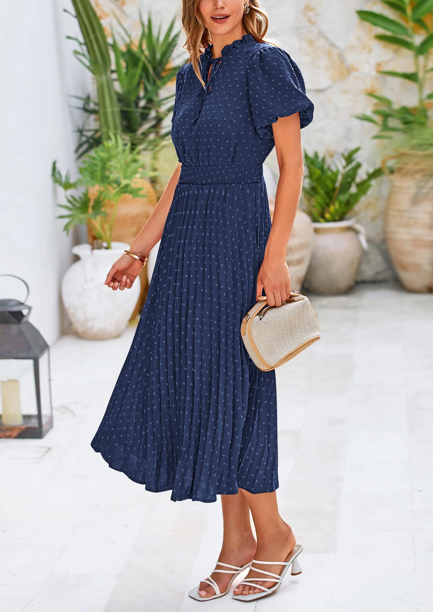 PRETTYGARDEN Womens Midi Dresses Puff Short Sleeve V Neck Swiss Dot Pleated A Line Flowy Long Wedding Guest Dress - Image 13