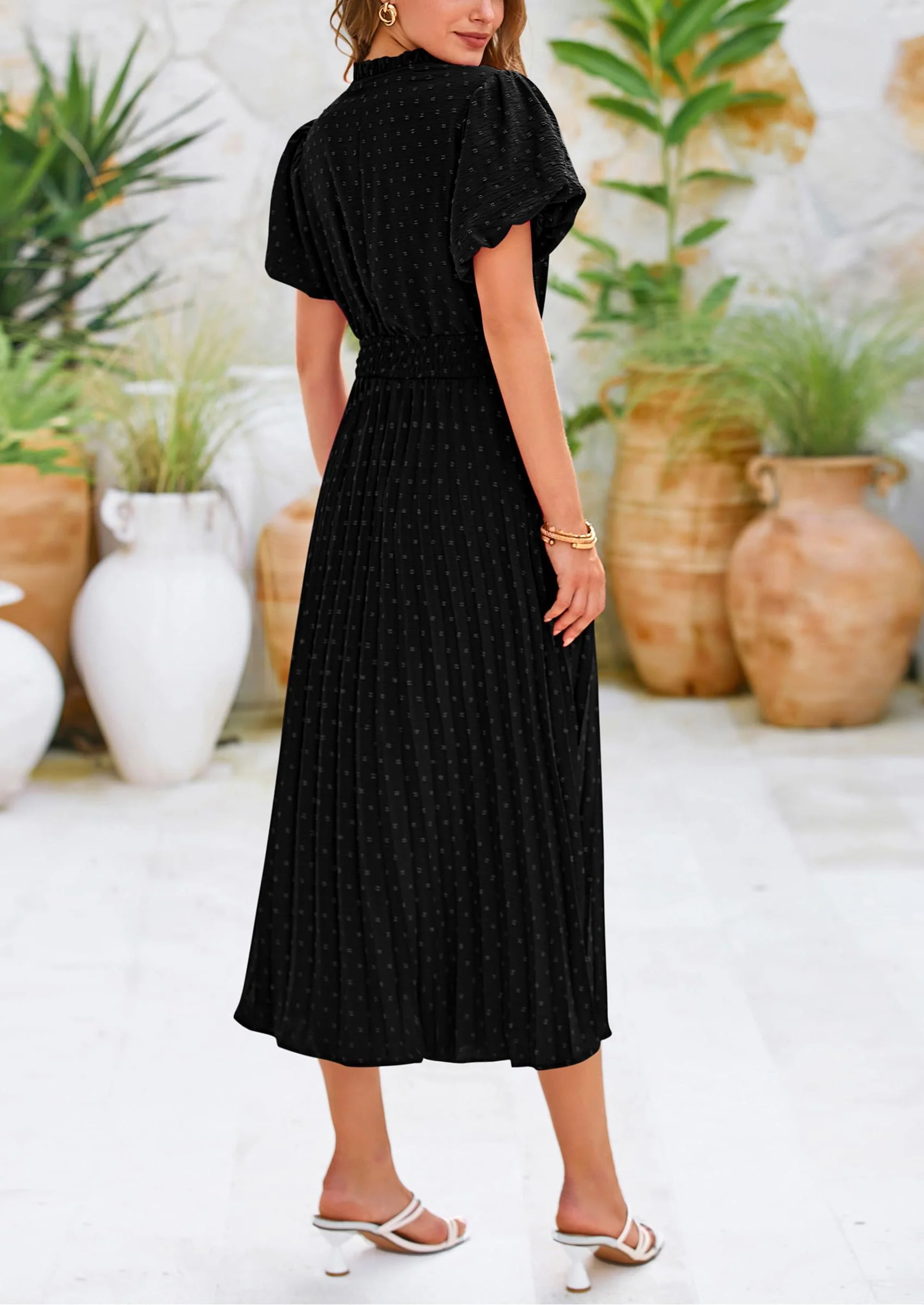 PRETTYGARDEN Womens Midi Dresses Puff Short Sleeve V Neck Swiss Dot Pleated A Line Flowy Long Wedding Guest Dress - Image 15