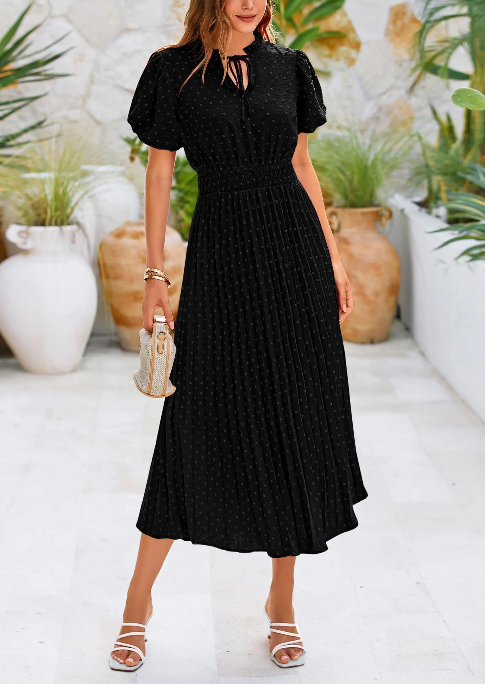 PRETTYGARDEN Womens Midi Dresses Puff Short Sleeve V Neck Swiss Dot Pleated A Line Flowy Long Wedding Guest Dress - Image 16