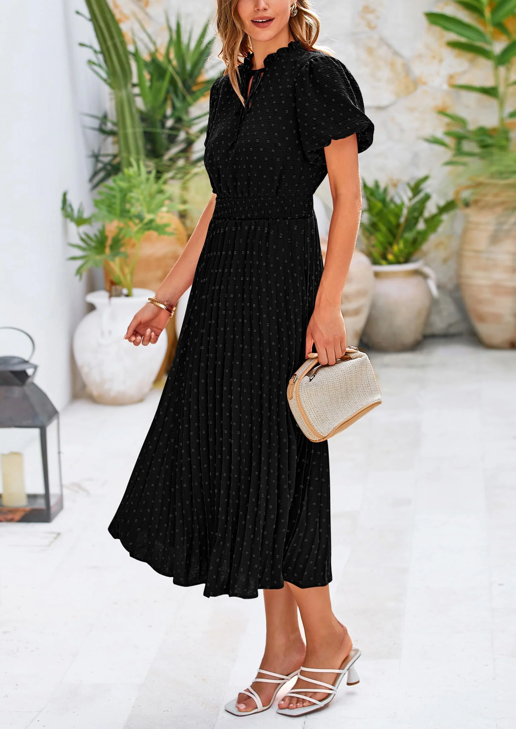 PRETTYGARDEN Womens Midi Dresses Puff Short Sleeve V Neck Swiss Dot Pleated A Line Flowy Long Wedding Guest Dress - Image 17