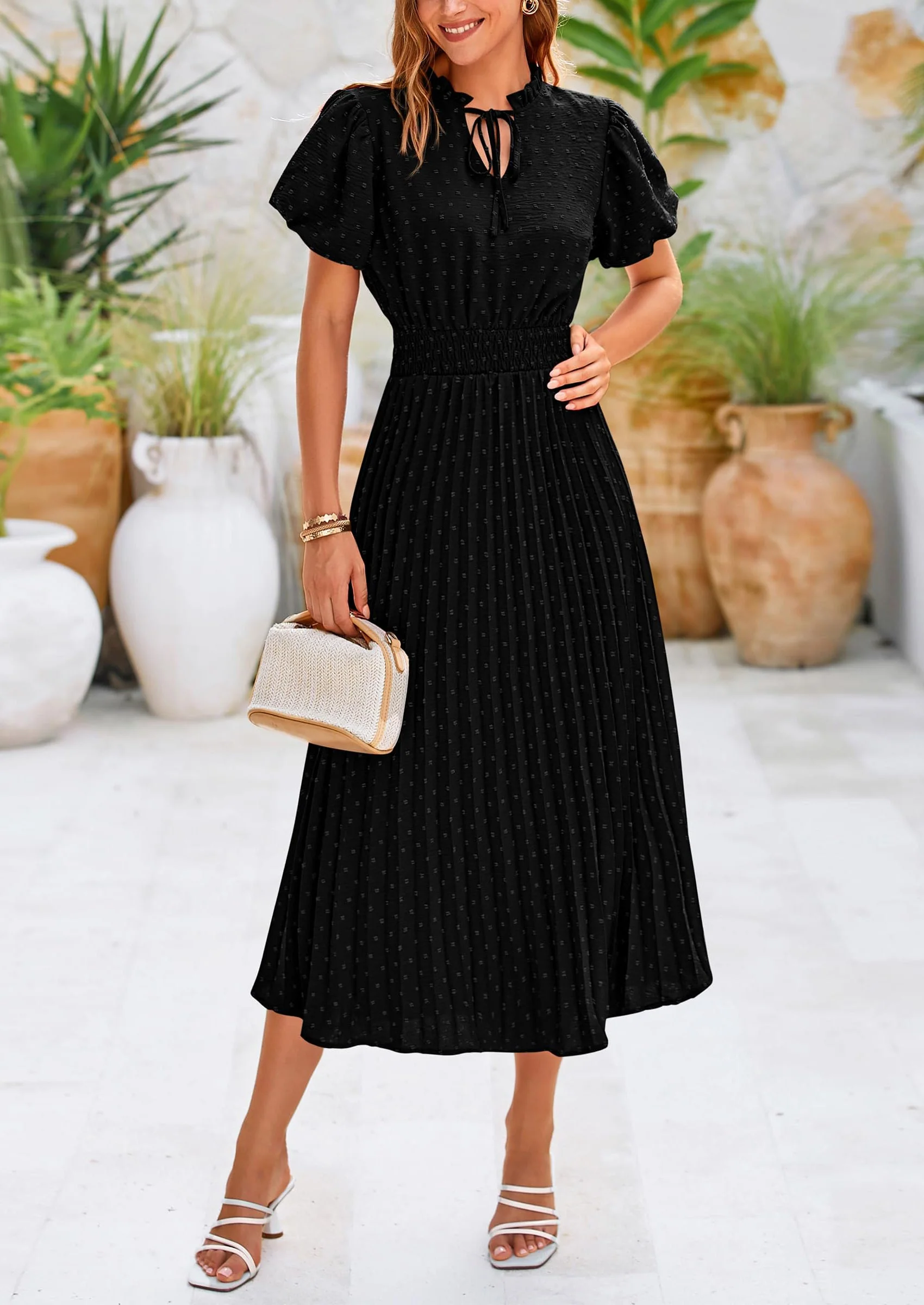 PRETTYGARDEN Womens Midi Dresses Puff Short Sleeve V Neck Swiss Dot Pleated A Line Flowy Long Wedding Guest Dress - Image 18